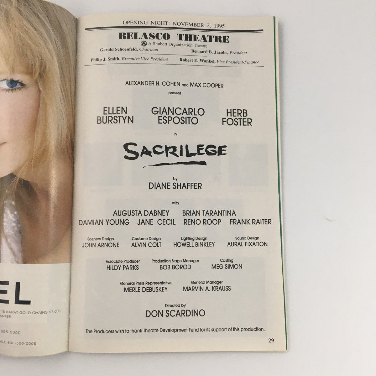 Another page from the 1995 Belasco Theatre Playbill for 'Sacrilege', featuring cast and crew details, including Ellen Burstyn and Giancarlo Esposito.