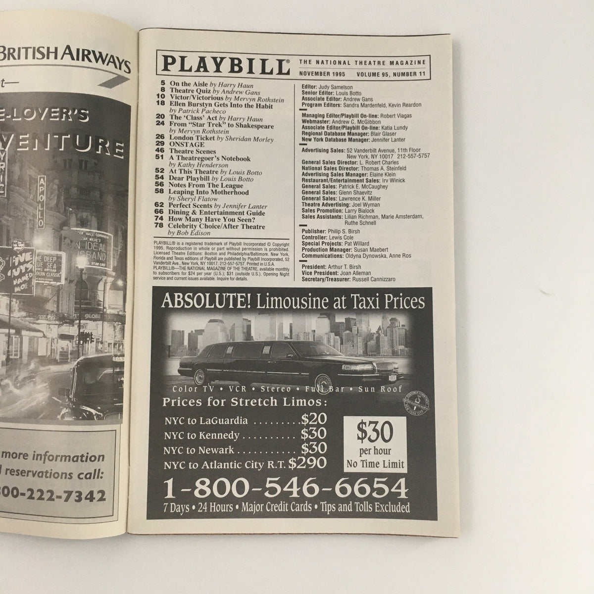 Interior page of the 1995 Playbill for 'Racing Demon' showcasing advertisements and theater listings.
