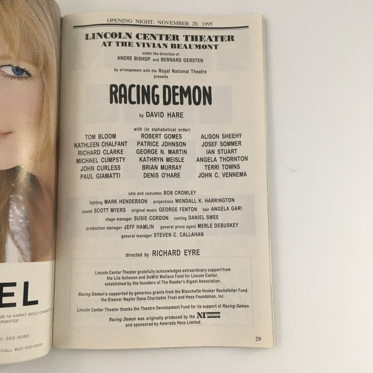 Cast and crew details from the 1995 Playbill for 'Racing Demon' at Lincoln Center Theater, including names of performers Tom Bloom and Robert Gomes.