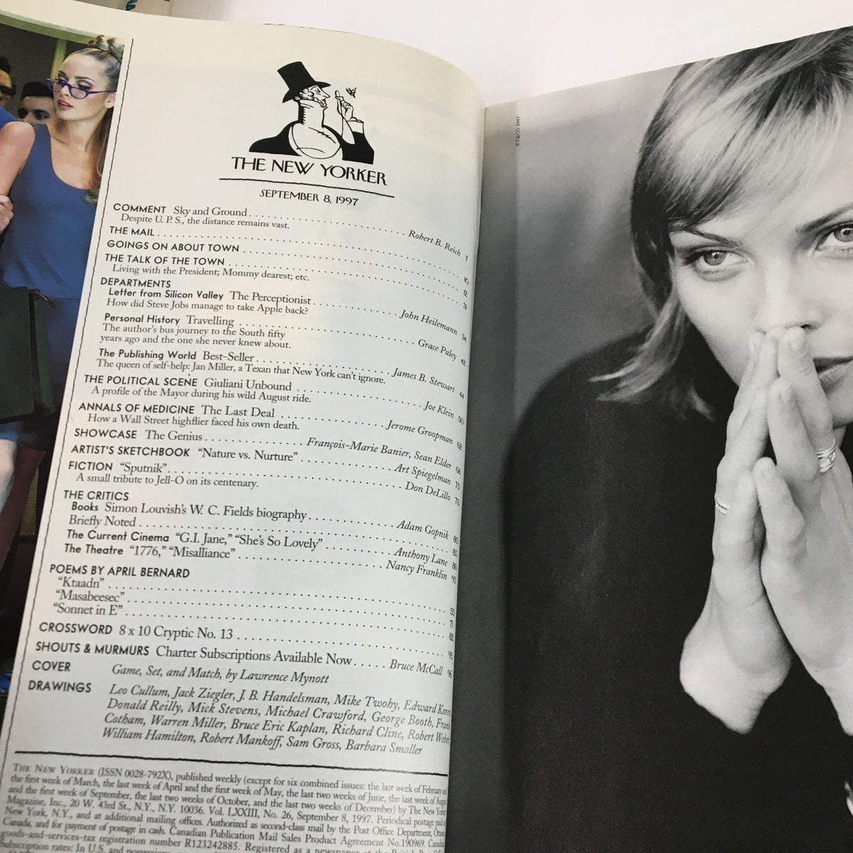 Inside page of The New Yorker Full Magazine September 8, 1997 showing articles and illustrations, highlighting content related to Game, Set & Match by Lawrence Mynott.