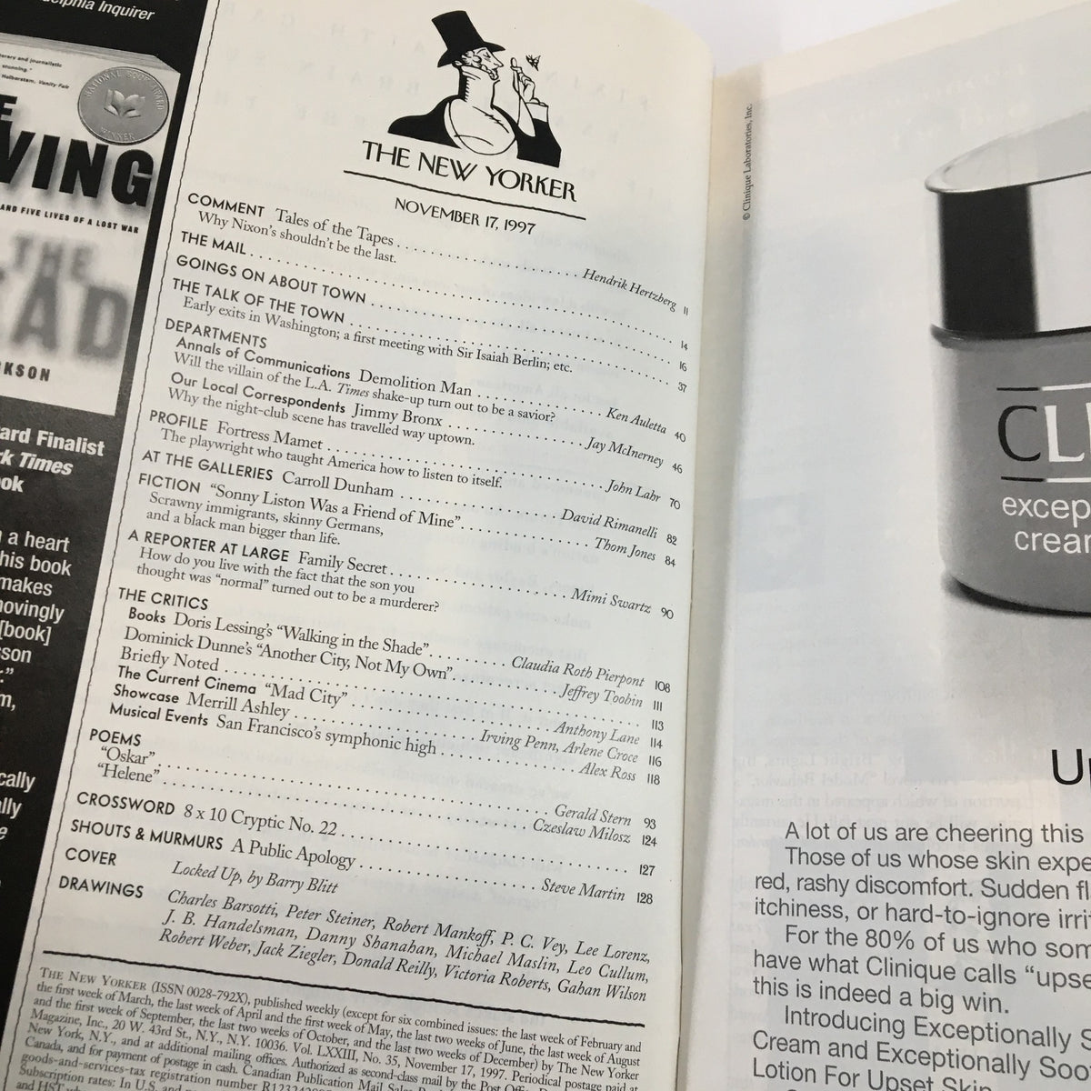 Inside page of The New Yorker Full Magazine from November 17, 1997, displaying the table of contents, featuring articles and sections for the issue, including a profile and book reviews.