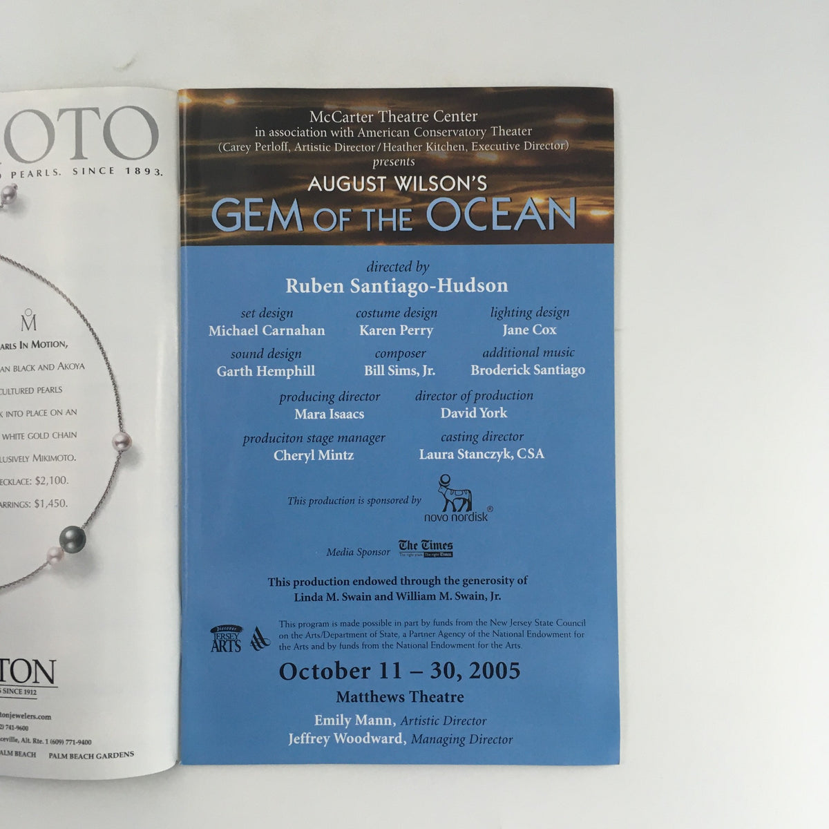 Inside page of August Wilson's 'Gem of the Ocean', highlighting director Ruben Santiago-Hudson and production details from the 2005 McCarter Theatre Center.