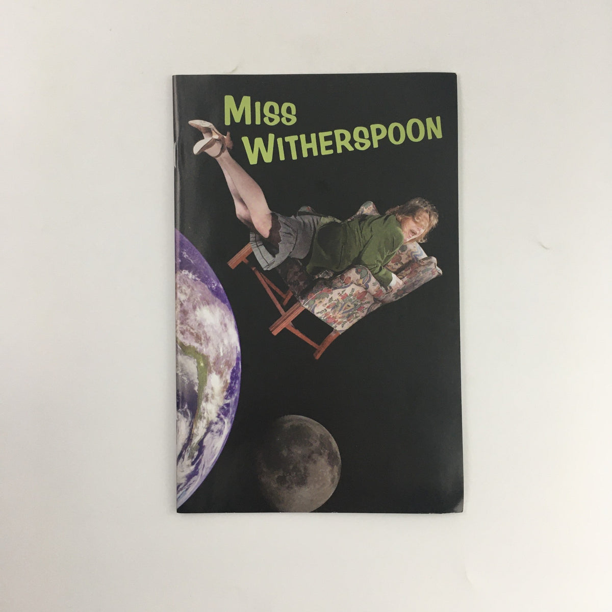 Cover of the 2005 McCarter Theatre Center production of 'Miss Witherspoon' featuring a whimsical design with a woman reclining in a chair against a cosmic background.