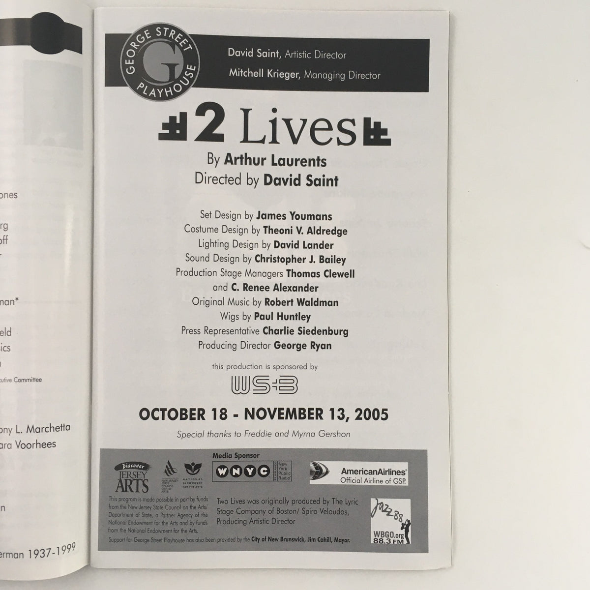 Inside page of the '2 Lives' playbook by Arthur Laurents, detailing the production team and credits for the George Street Playhouse performance in 2005.