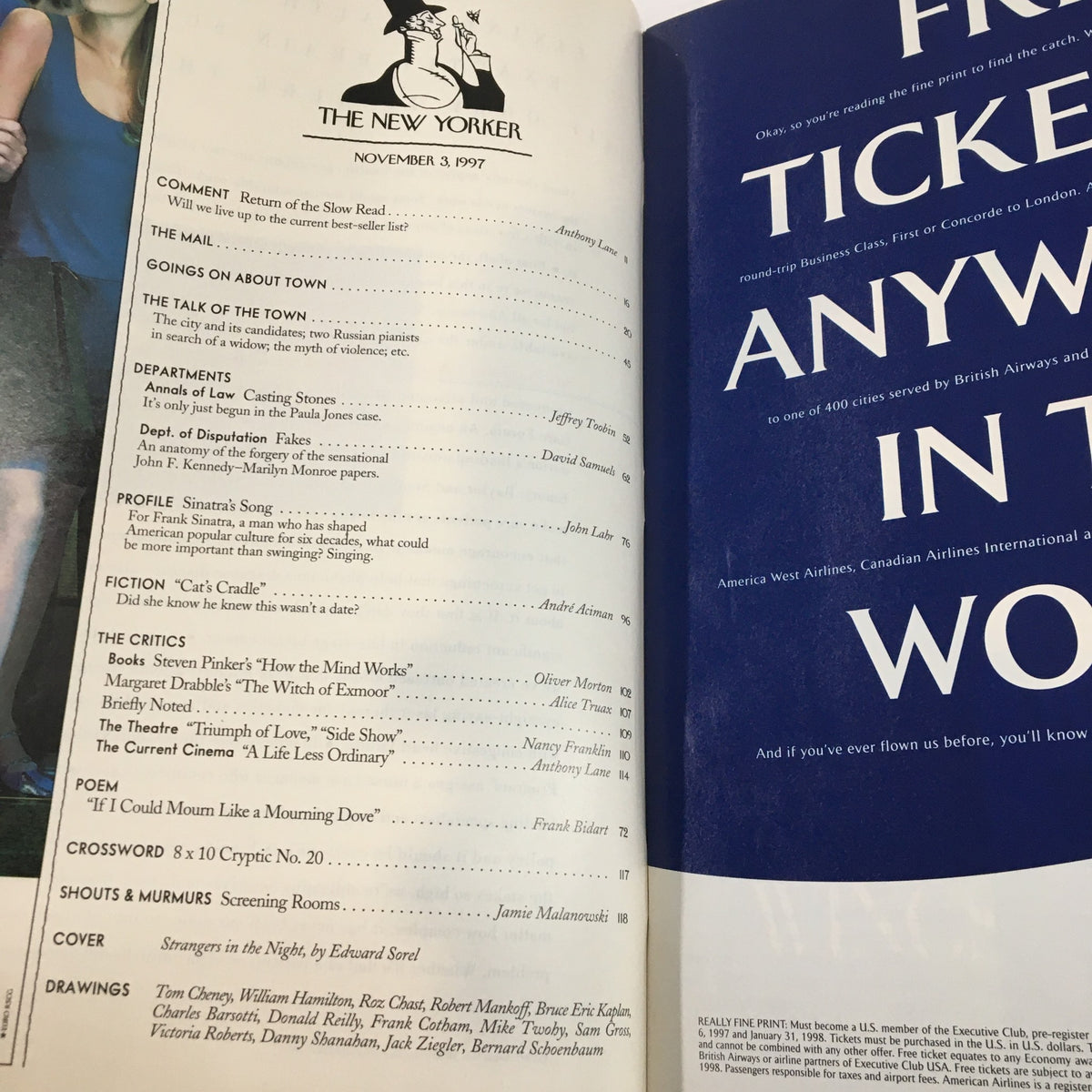 Inside page of The New Yorker Full Magazine November 3, 1997 featuring the table of contents with the title 'Strangers in the Night' by E. Sorel, highlighting various articles and features from the issue.