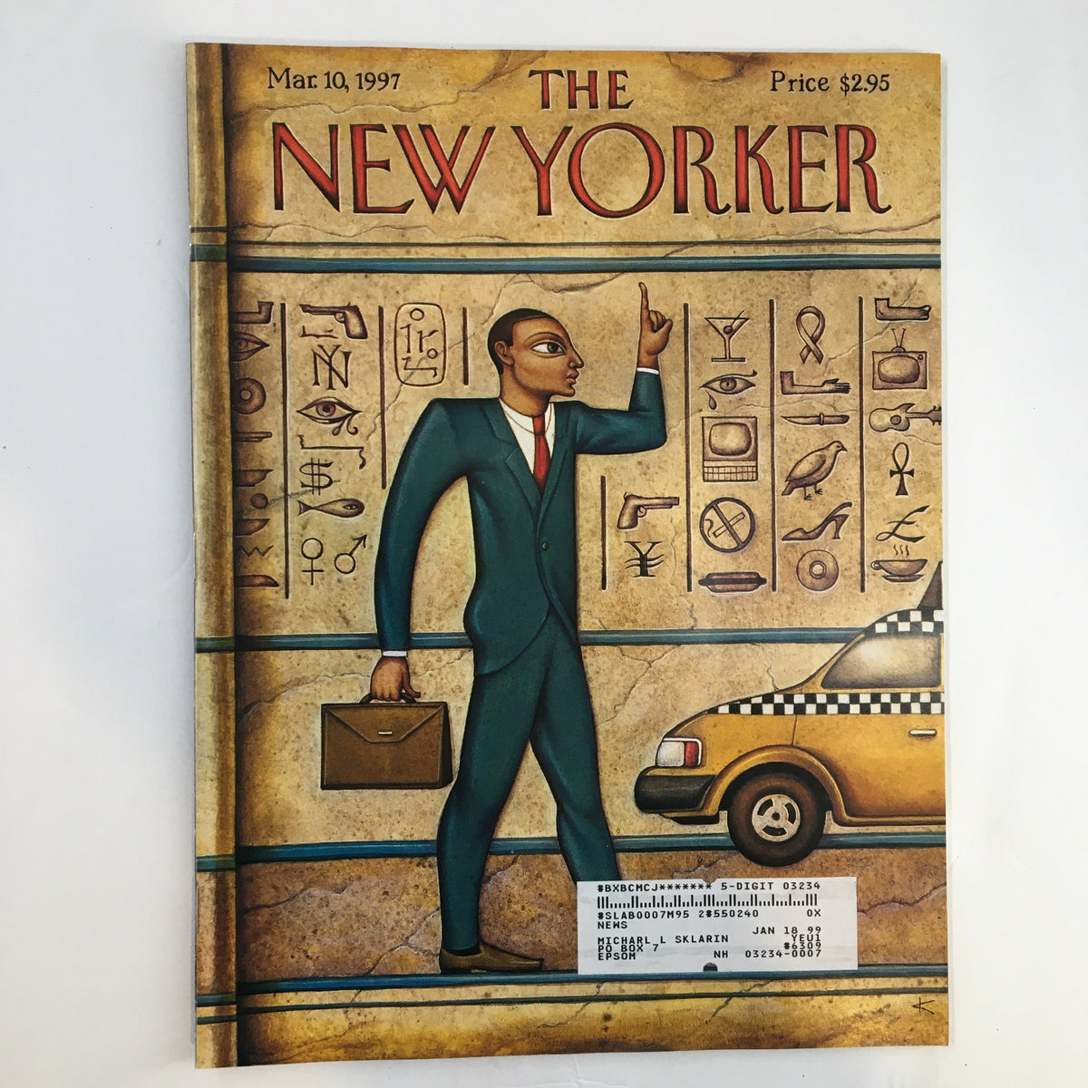 Cover of The New Yorker magazine from March 10, 1997, featuring 'Tut's Taxi' by Anita Kunz, showcasing a man in a suit gesturing with a briefcase next to a taxi.