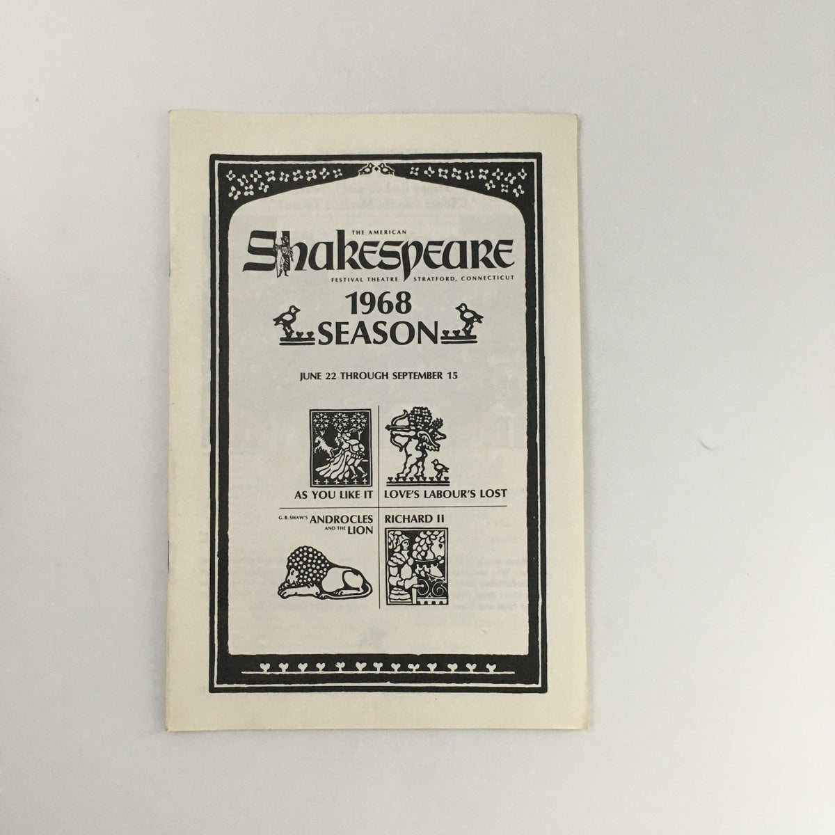 Cover of the 1968 American Shakespeare Theatre program for 'Richard II' featuring artwork and listing of plays including 'As You Like It', 'Love's Labour's Lost', and 'Richard II'.