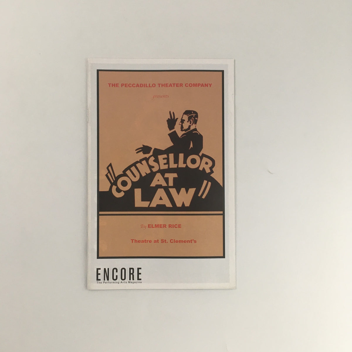 2004 The Peccadillo Theater Company 'Counsellor-at-Law' Play by Elmer Rice poster showcasing a stylized design featuring a man gesturing, presented at the Theatre at St. Clement's.