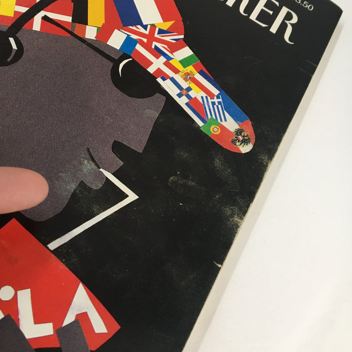 Close-up detail of The New Yorker Full Magazine cover from April 28, 1997, highlighting the artistic design of the 'Eurocentric' cover by Michael Roberts, showcasing a figure holding a drink and wearing a hat decorated with international flags.