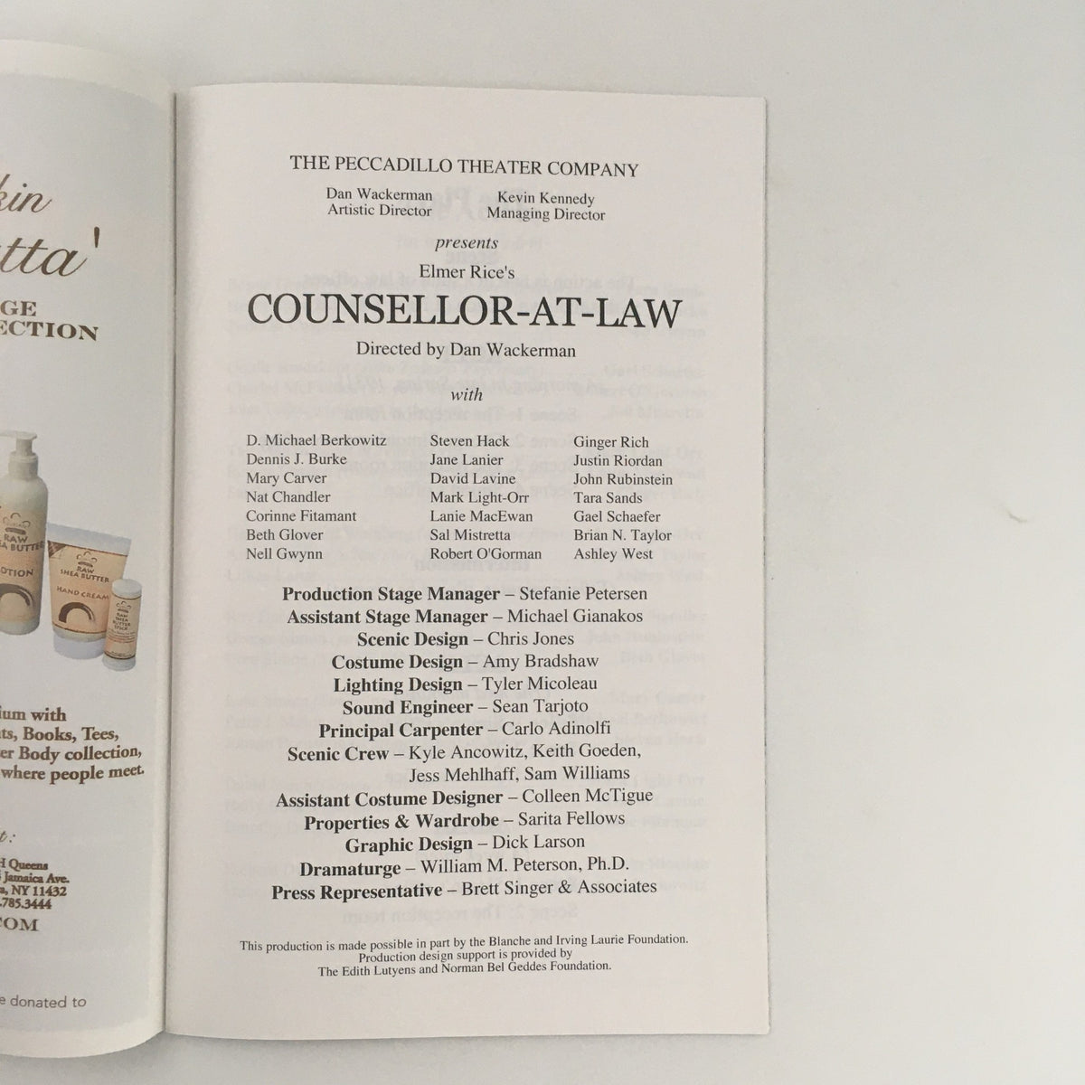 2004 The Peccadillo Theater Company 'Counsellor-at-Law' Play by Elmer Rice program showcasing the cast and crew, directed by Dan Wackerman, with a detailed production list.