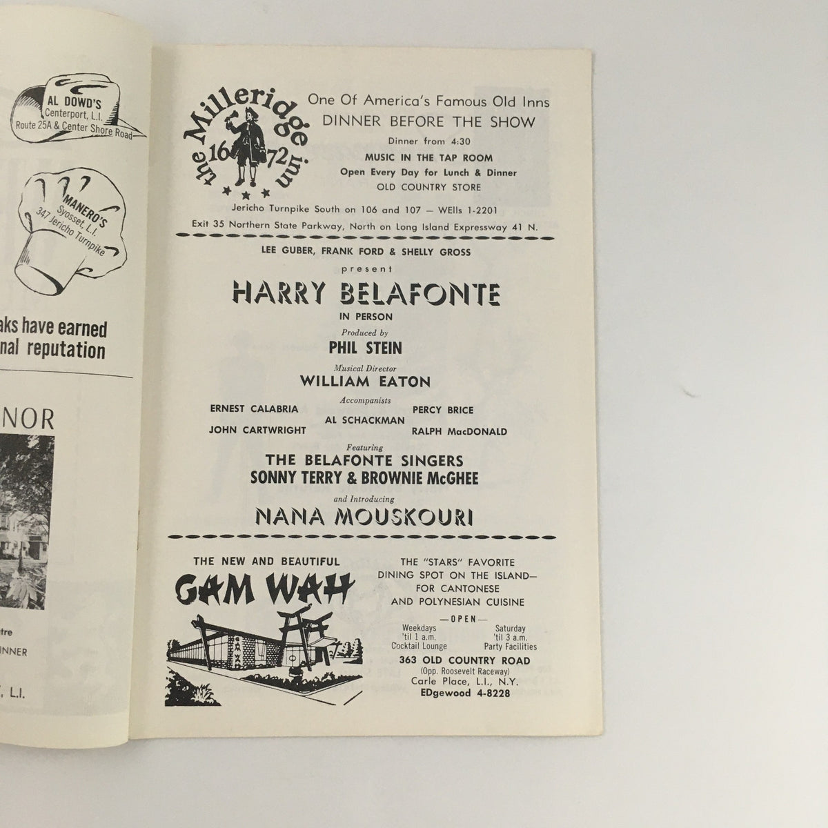 Inside view of the 1966 Westbury Music Fair 'Harry Belafonte Show' program showcasing cast details and performance credits.