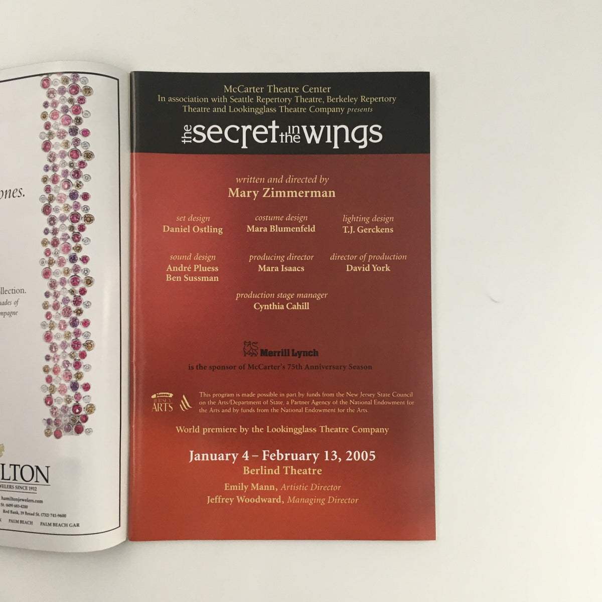 Inside page of 'The Secret in the Wings' by Mary Zimmerman, detailing the production credits and design elements for the McCarter Theatre Center's 2005 season.