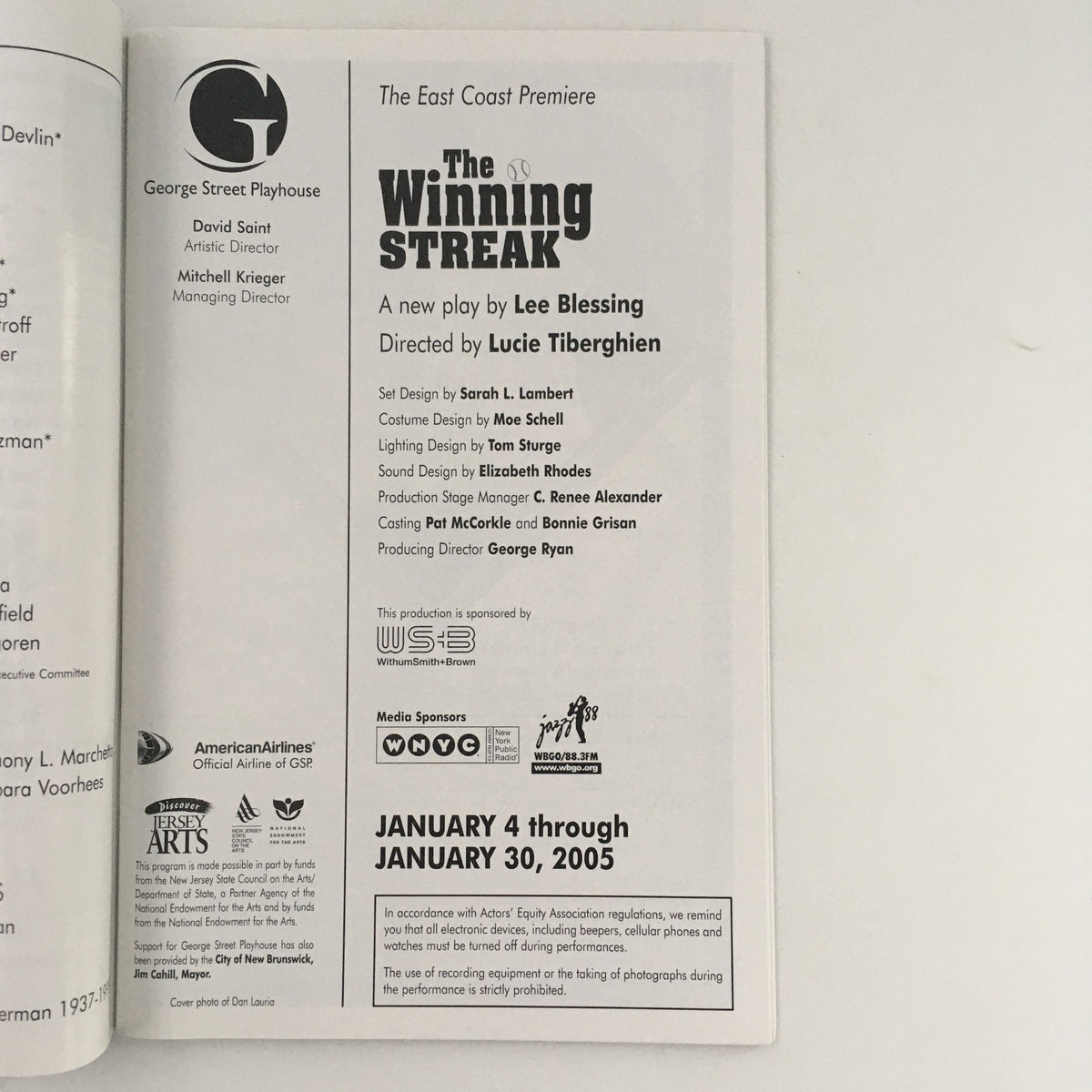 Inside page of 'The Winning Streak' program with details of its East Coast Premiere, directed by Lucie Tiberghein at George Street Playhouse, mentioning production team and sponsors.