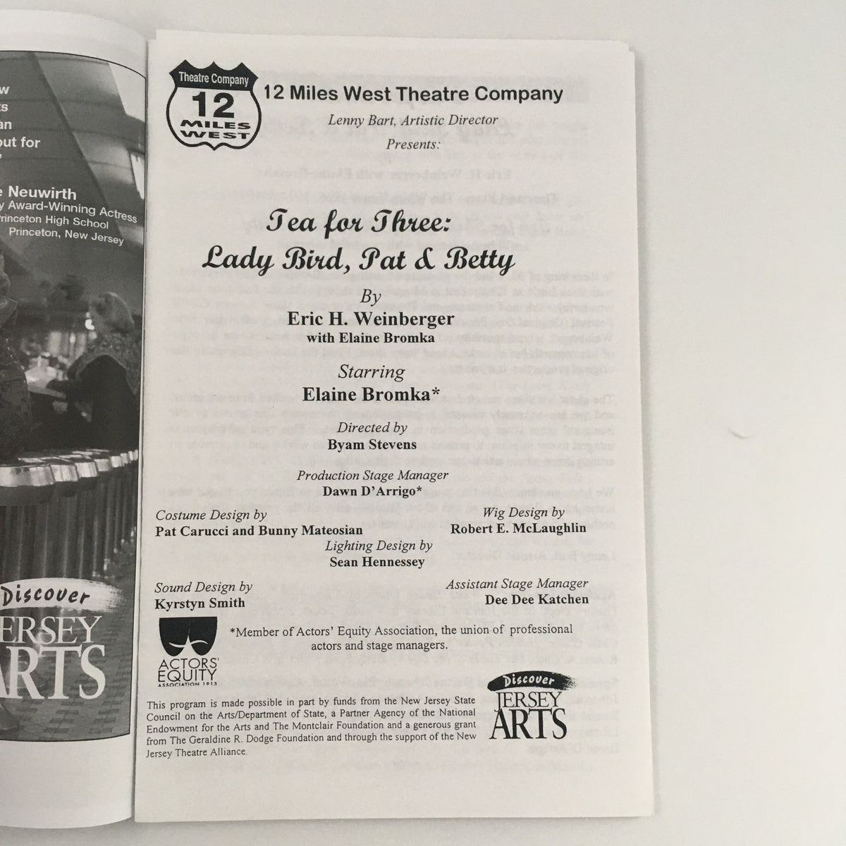 The credits page from the 12 Miles West Theatre Company program detailing the cast and crew of the production 'Tea for Three Lady Bird, Pat & Betty', including designer and production roles.