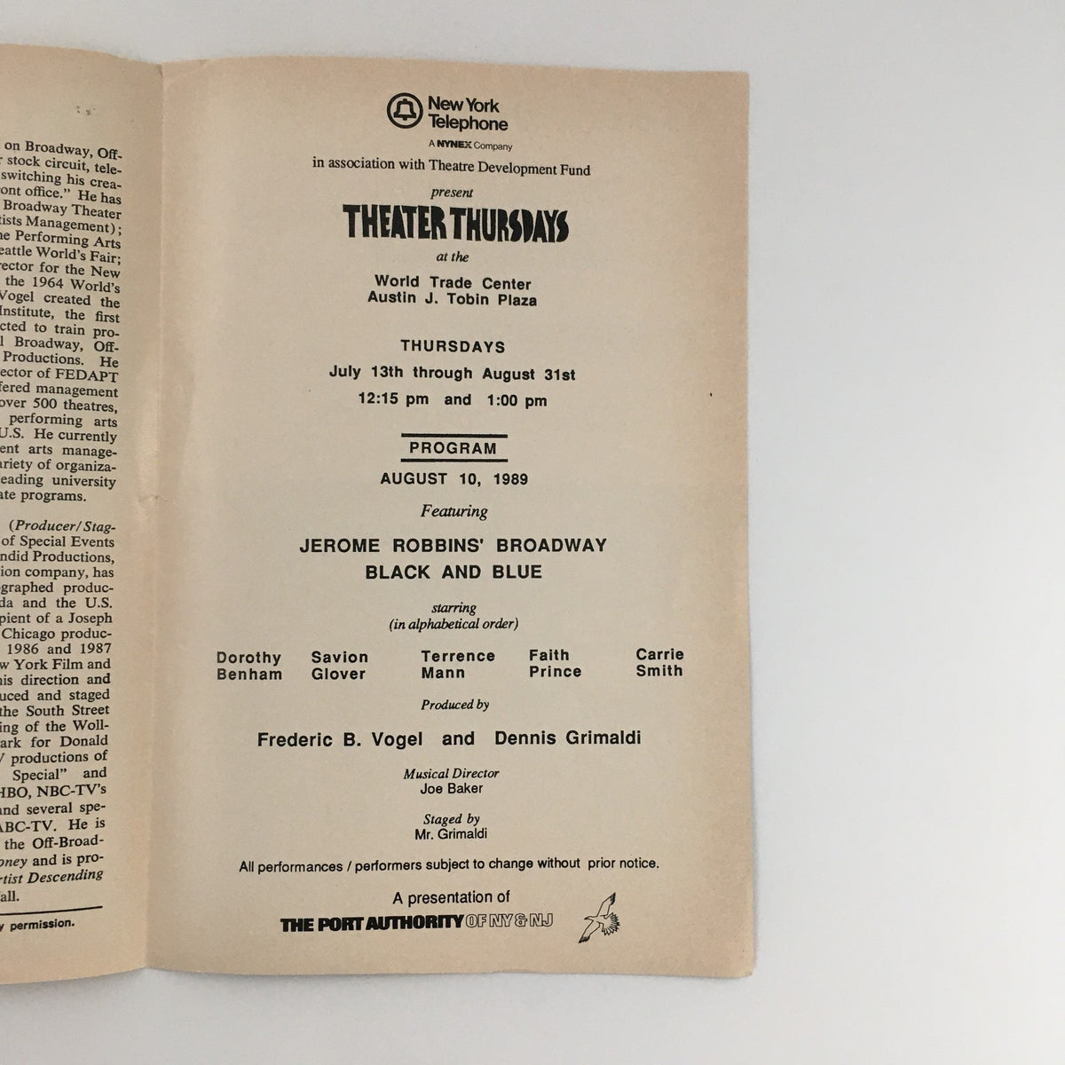 1989 Playbill World Trade Center 'Black and Blue' opened to a page listing the program details from August 10, 1989, featuring performers like Dorothy Benham and Savion Glover.
