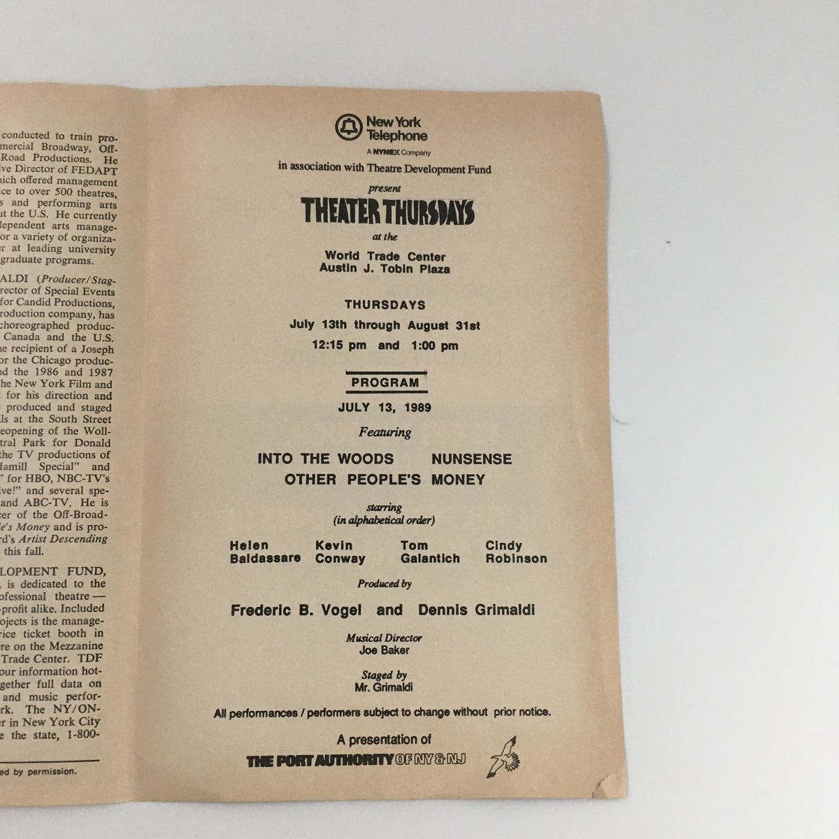 1989 Playbill from the World Trade Center production of 'Into the Woods' featuring a program listing and credits including Helen Baldassare and Kevin Conway.