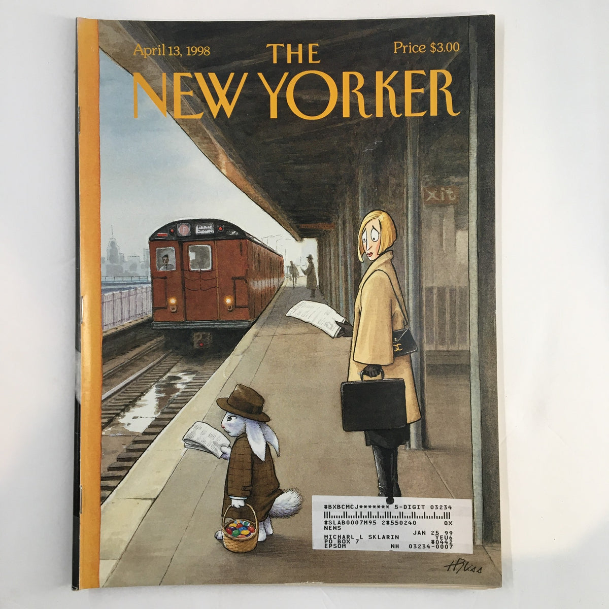 The New Yorker Full Magazine April 13 1998 featuring artwork titled 'Another Day, Another Egg' by H. Bliss, showcasing a whimsical scene of a rabbit in a suit with a briefcase at a train station.