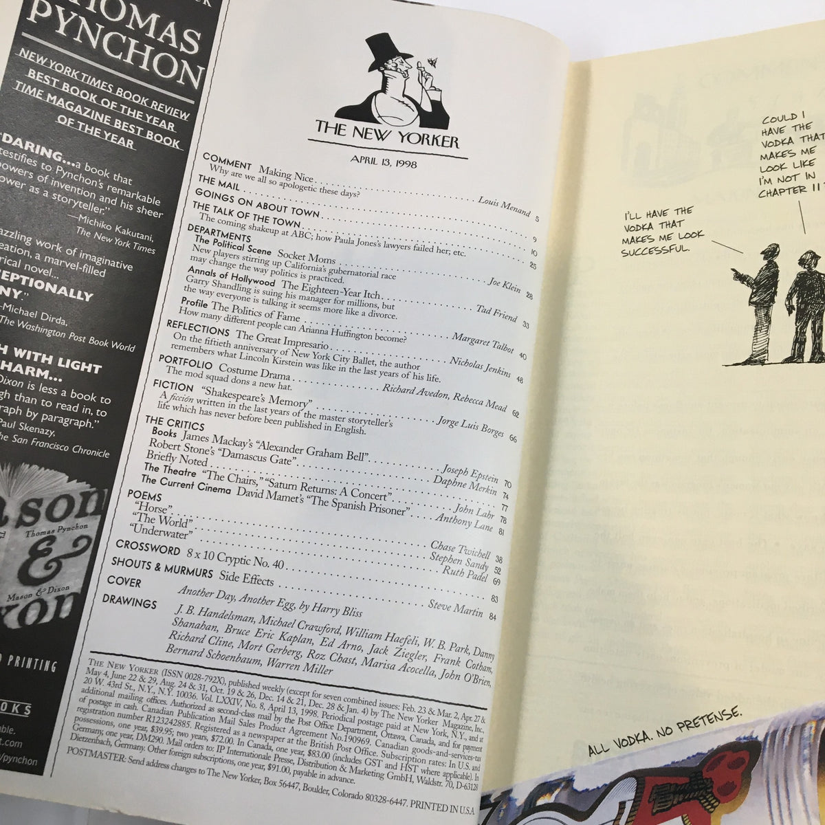 Interior layout of The New Yorker Full Magazine April 13, 1998 featuring the table of contents and illustrations, showcasing the issue 'Another Day, Another Egg' by H. Bliss.
