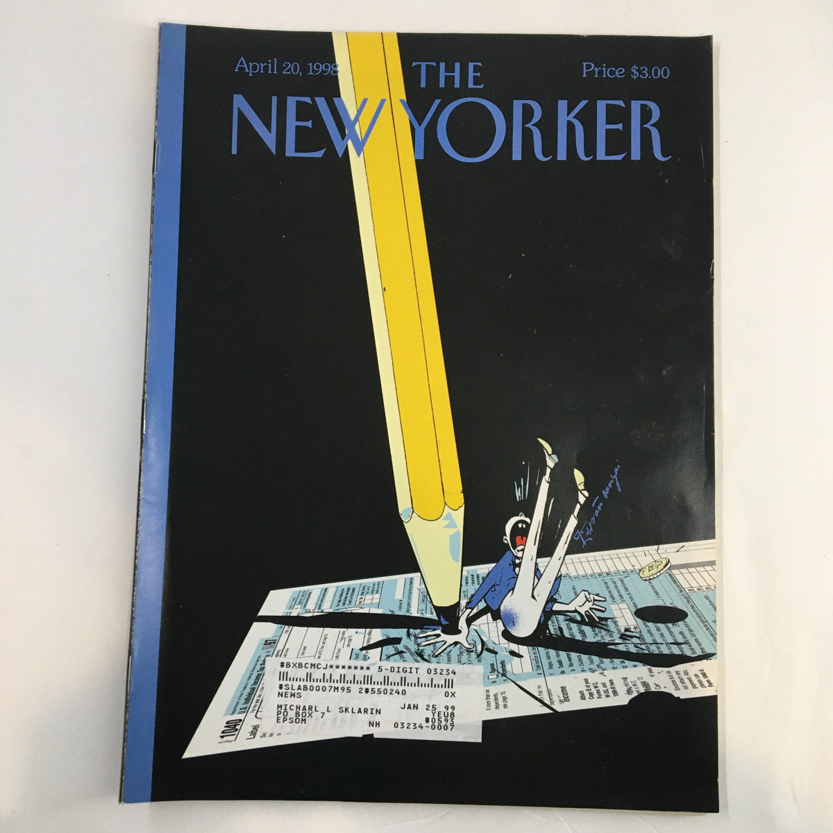 The New Yorker Full Magazine April 20 1998 cover featuring whimsical illustration by Istvan Banyai with a pencil and a character falling on top of newspaper clippings.