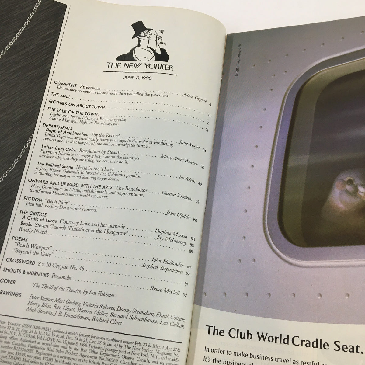 Interior page of The New Yorker magazine from June 8, 1998, displaying the table of contents and section headings, highlighting various articles and features from that issue.