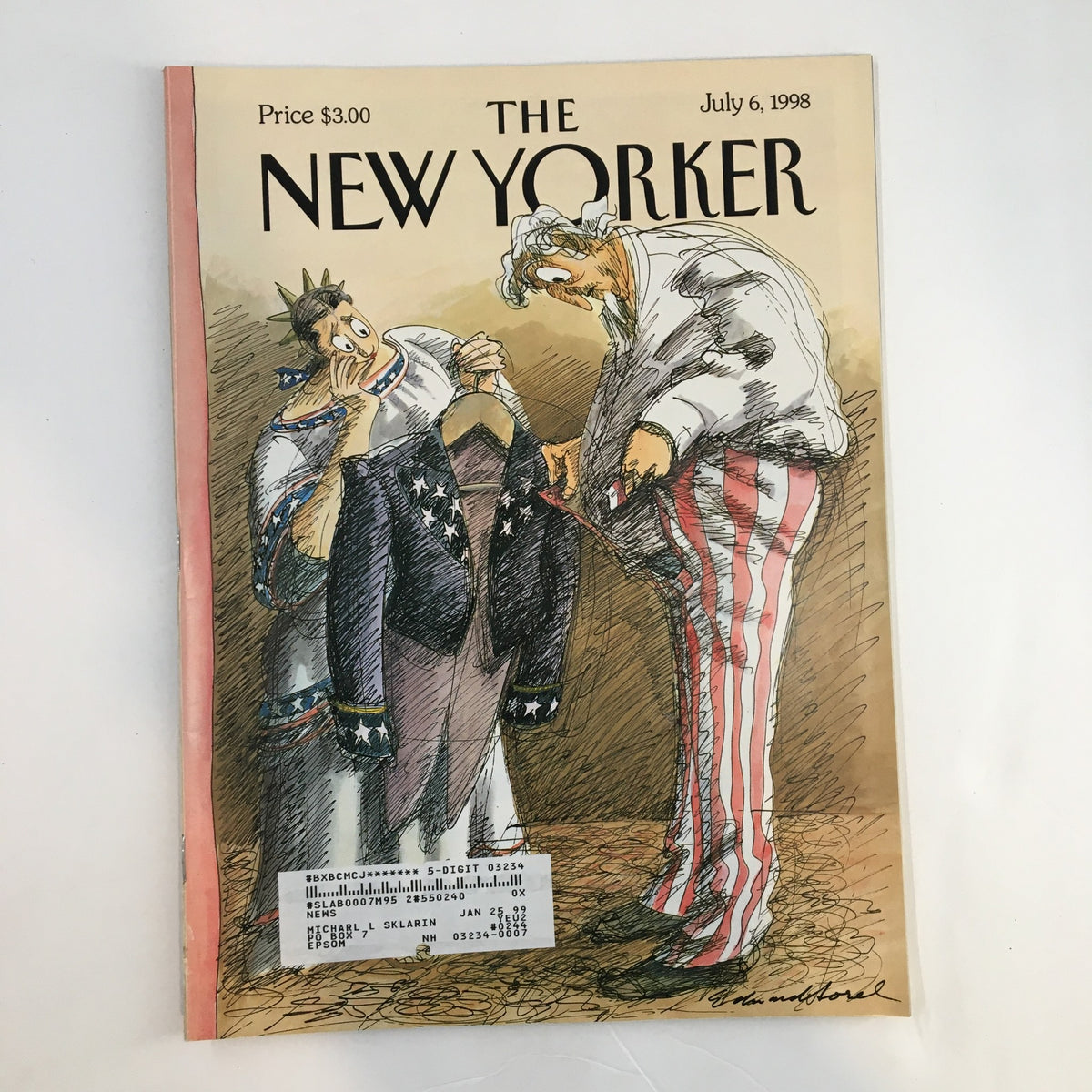 Cover of The New Yorker magazine, July 6, 1998, featuring the illustration 'Unexpected Surplus' by Edward Sorel, depicting a humorous scene involving patriotic themes.