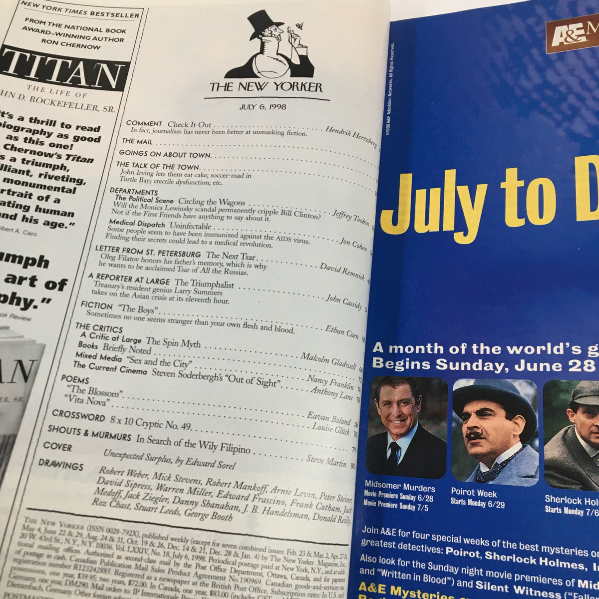Interior pages of The New Yorker magazine, July 6, 1998, showcasing the table of contents and highlights of articles, reflecting the vintage style and significance of the publication.