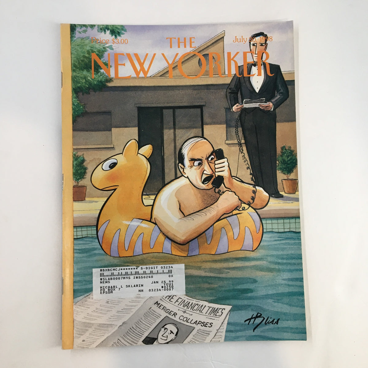 Cover of The New Yorker magazine from July 20, 1998, titled 'Trouble Afloat' by Harry Bliss, featuring a humorous illustration of a man in a pool on a float, angrily talking on the phone.