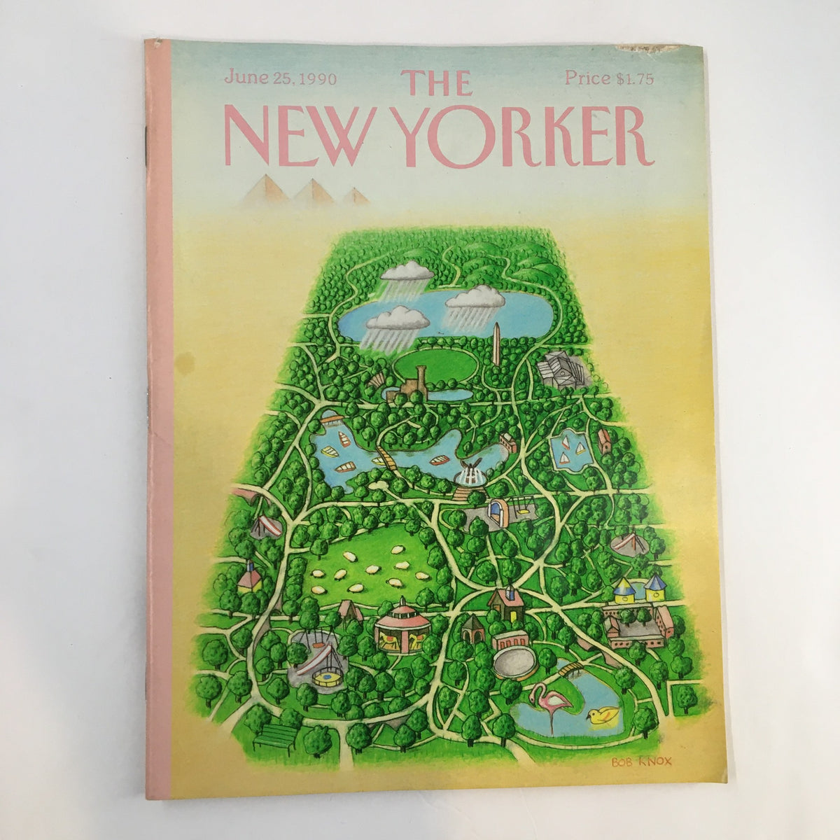 Cover of The New Yorker Full Magazine June 25 1990 featuring an illustrated map of Central Park by Bob Knox. The vibrant artwork showcases the park's lush greenery and iconic landmarks, capturing the essence of New York City.