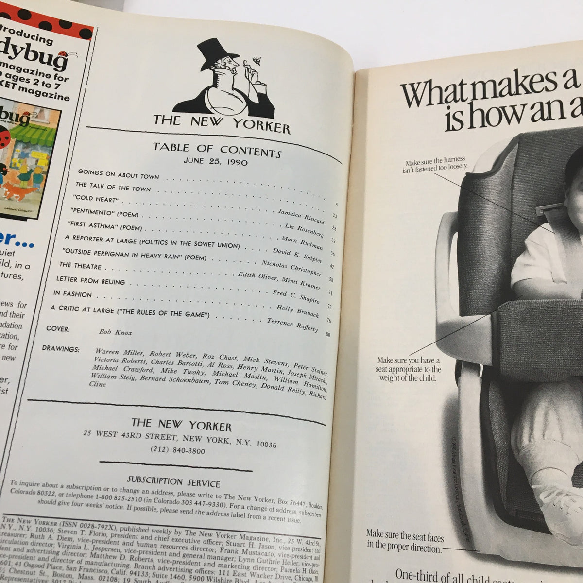 Inside page of The New Yorker Full Magazine June 25 1990, displaying the table of contents alongside a classic advertisement, illustrating its historical context.