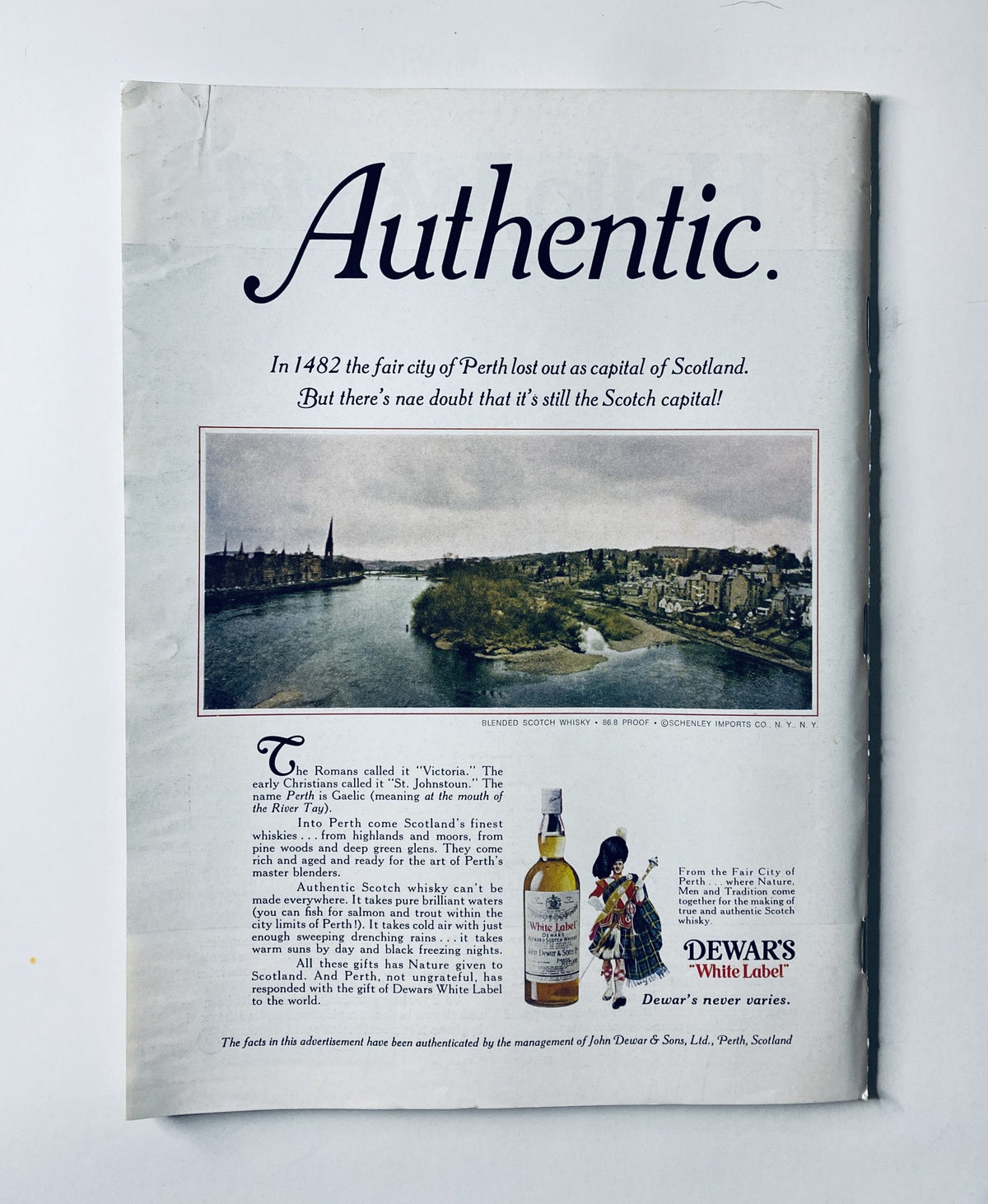 Back cover of The New Yorker Magazine September 17, 1973 advertising Dewar's White Label Scotch whisky, with a scenic view of Perth, Scotland.