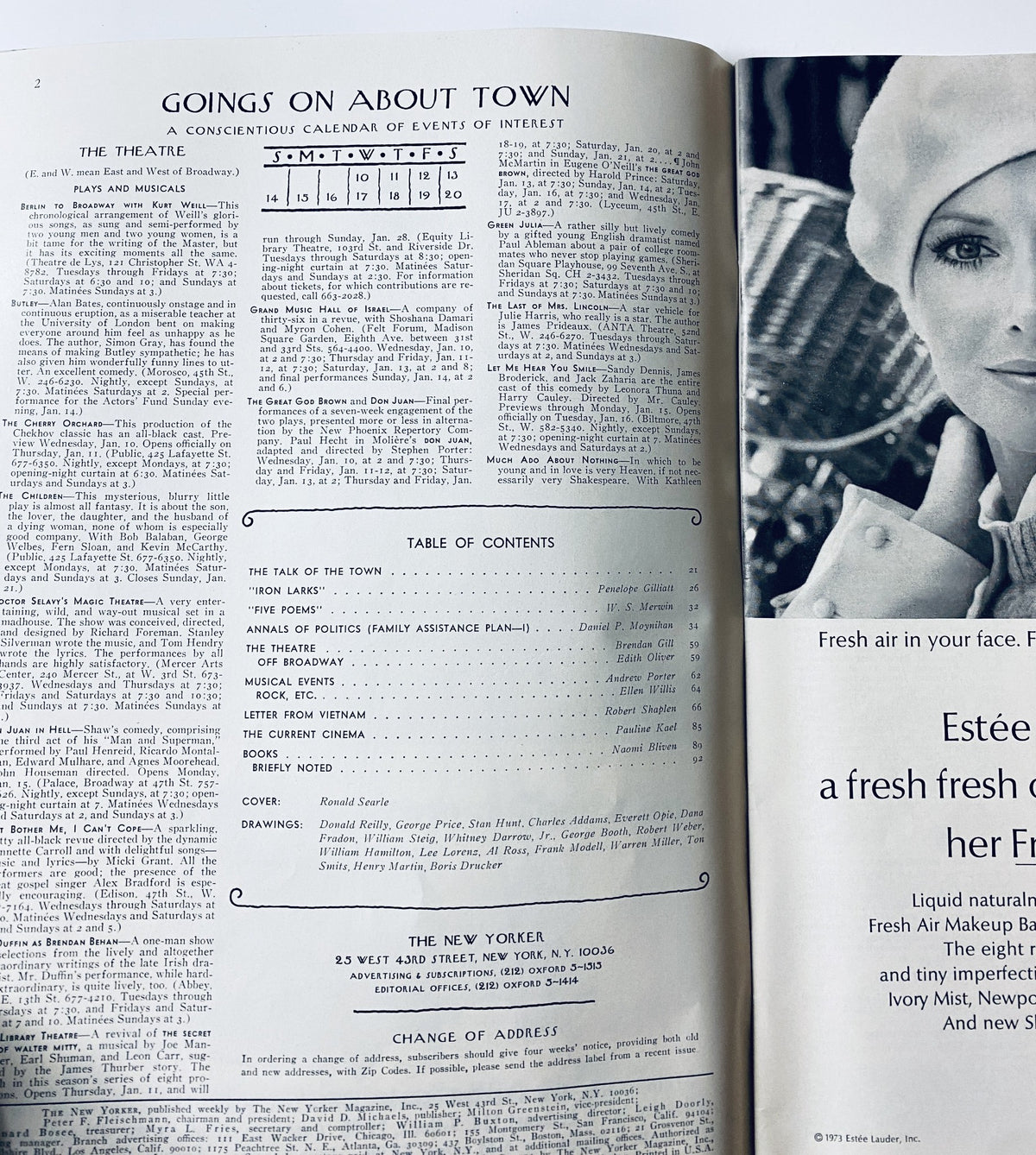 Inside spread of The New Yorker Magazine January 13, 1973 showing the Table of Contents and 'Goings On About Town' section. A glimpse into 1970s New York cultural highlights.