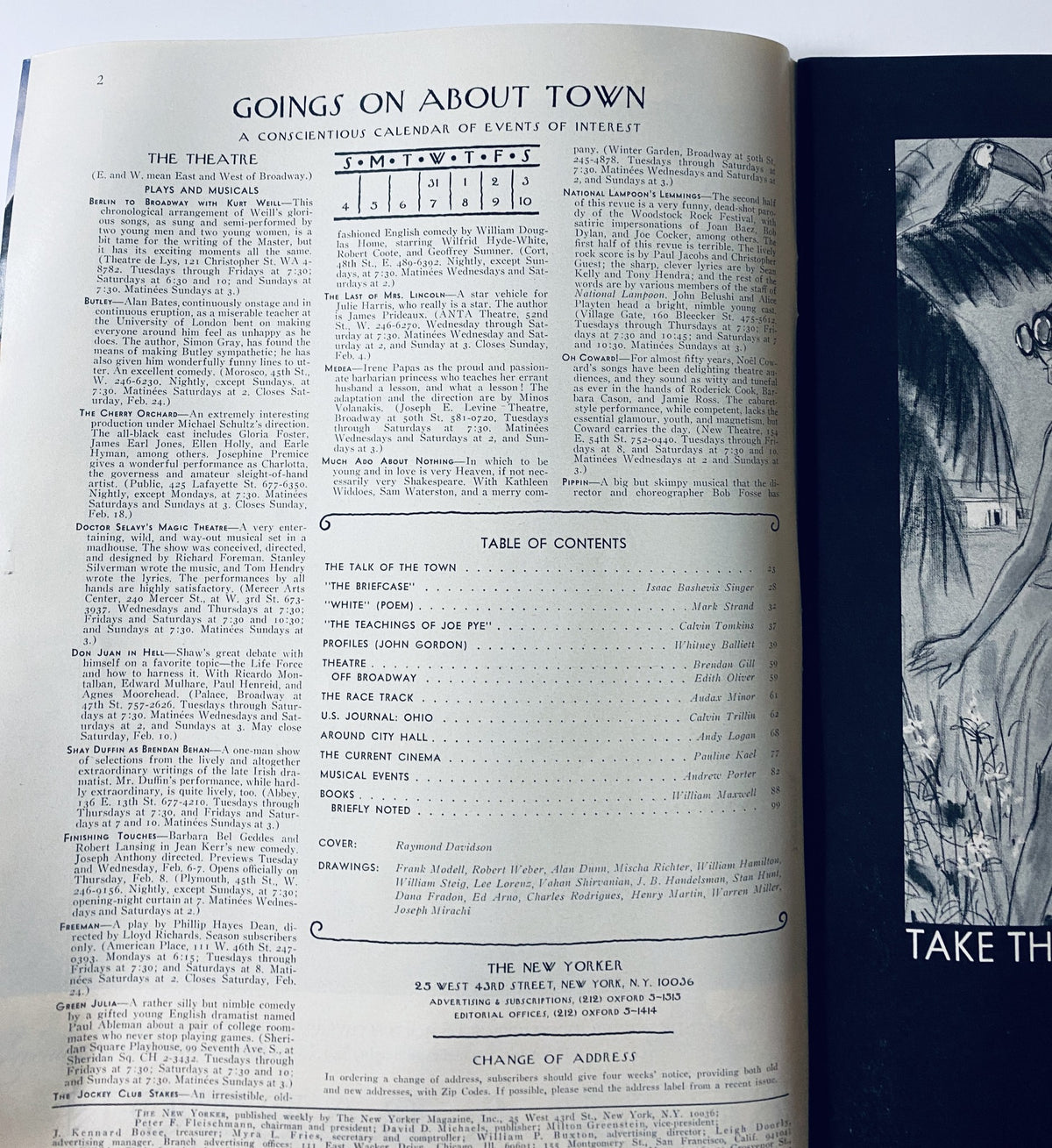 Inside page of The New Yorker Magazine February 3, 1973 displaying the table of contents and event calendar, highlighting featured articles and artists.