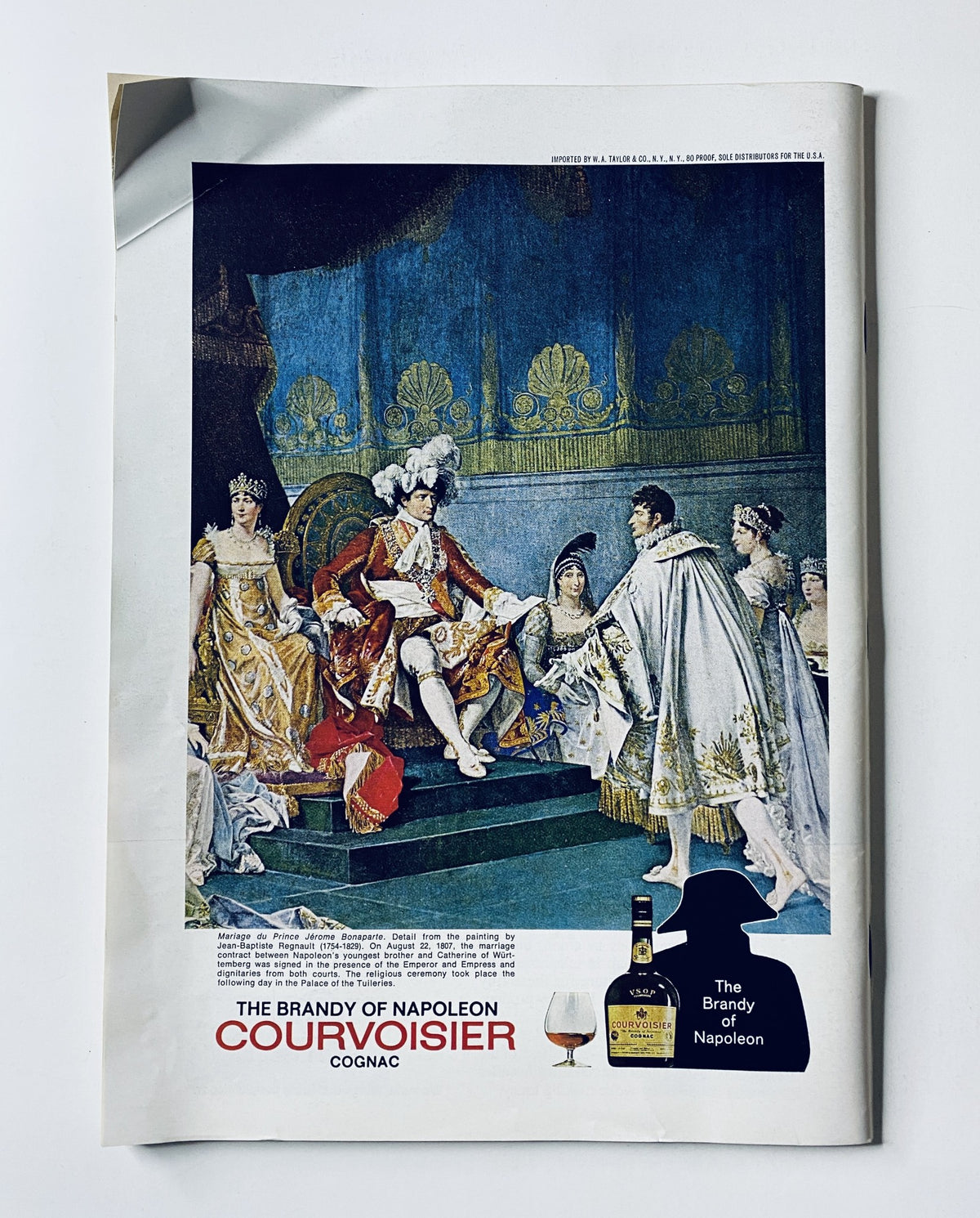 Advertisement for Courvoisier Cognac featuring a historical scene with figures in royal attire, from The New Yorker Magazine, April 14, 1973, cover art by Charles Martin.