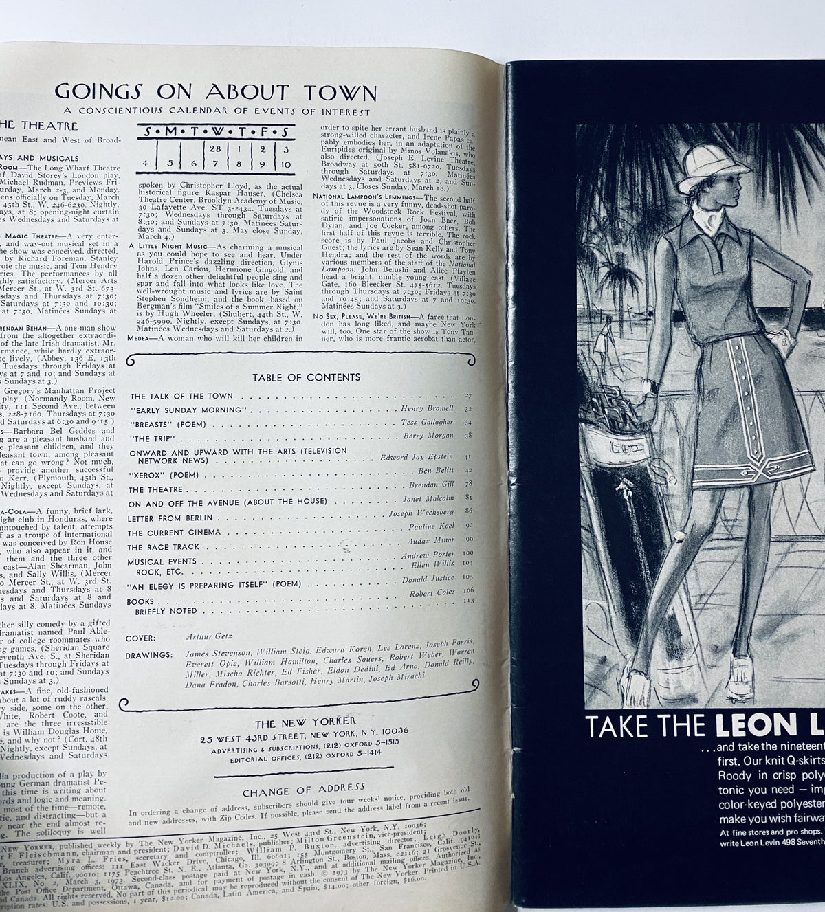 Interior page of The New Yorker Magazine March 3, 1973 displaying the Table of Contents and calendar of events, featuring sections such as 'Going on About Town' and 'The Theatre'.