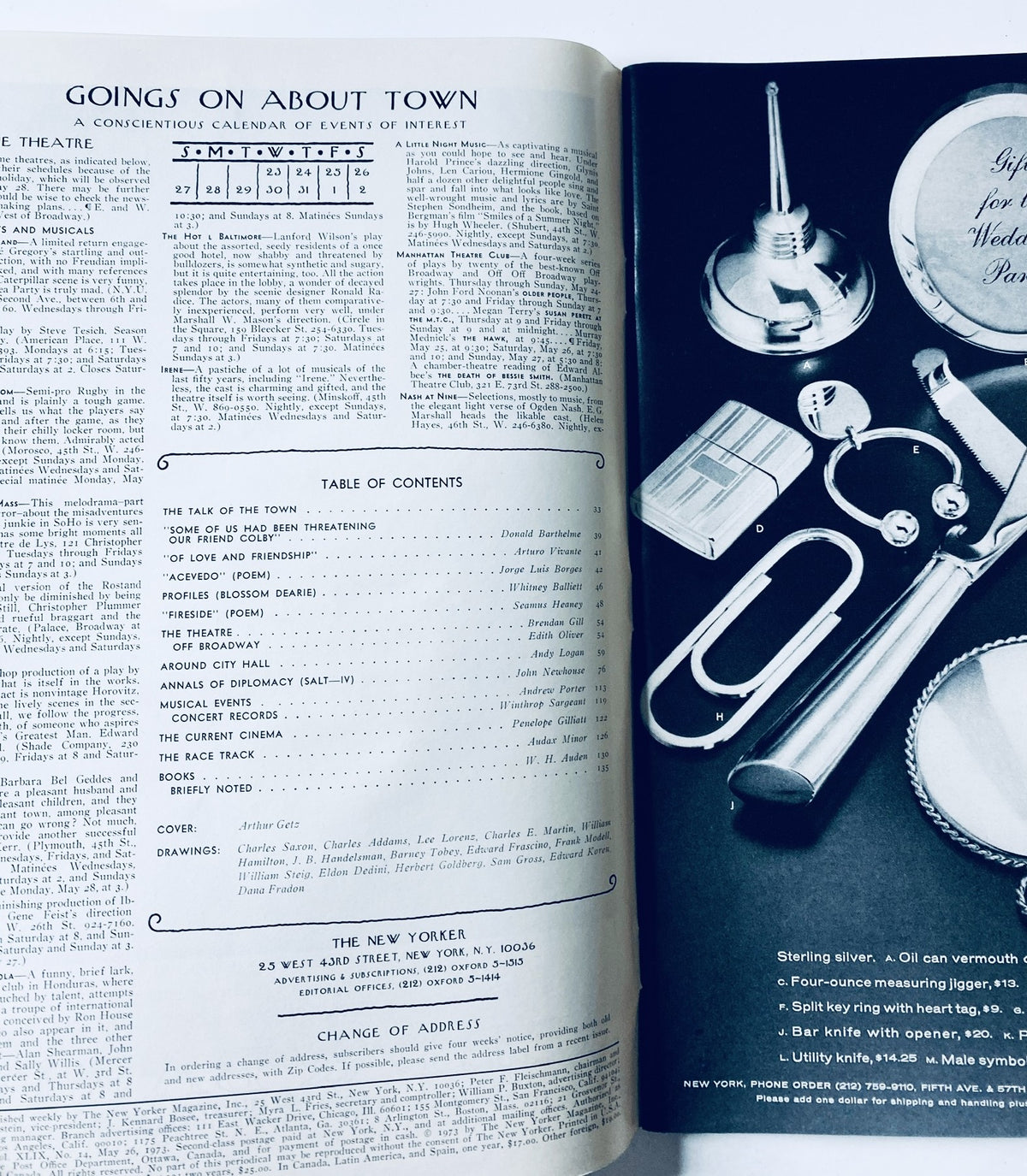 The New Yorker Magazine May 26, 1973 interior page with a content summary, including 'THE TALK OF THE TOWN' and a calendar of events, highlighting cultural references.