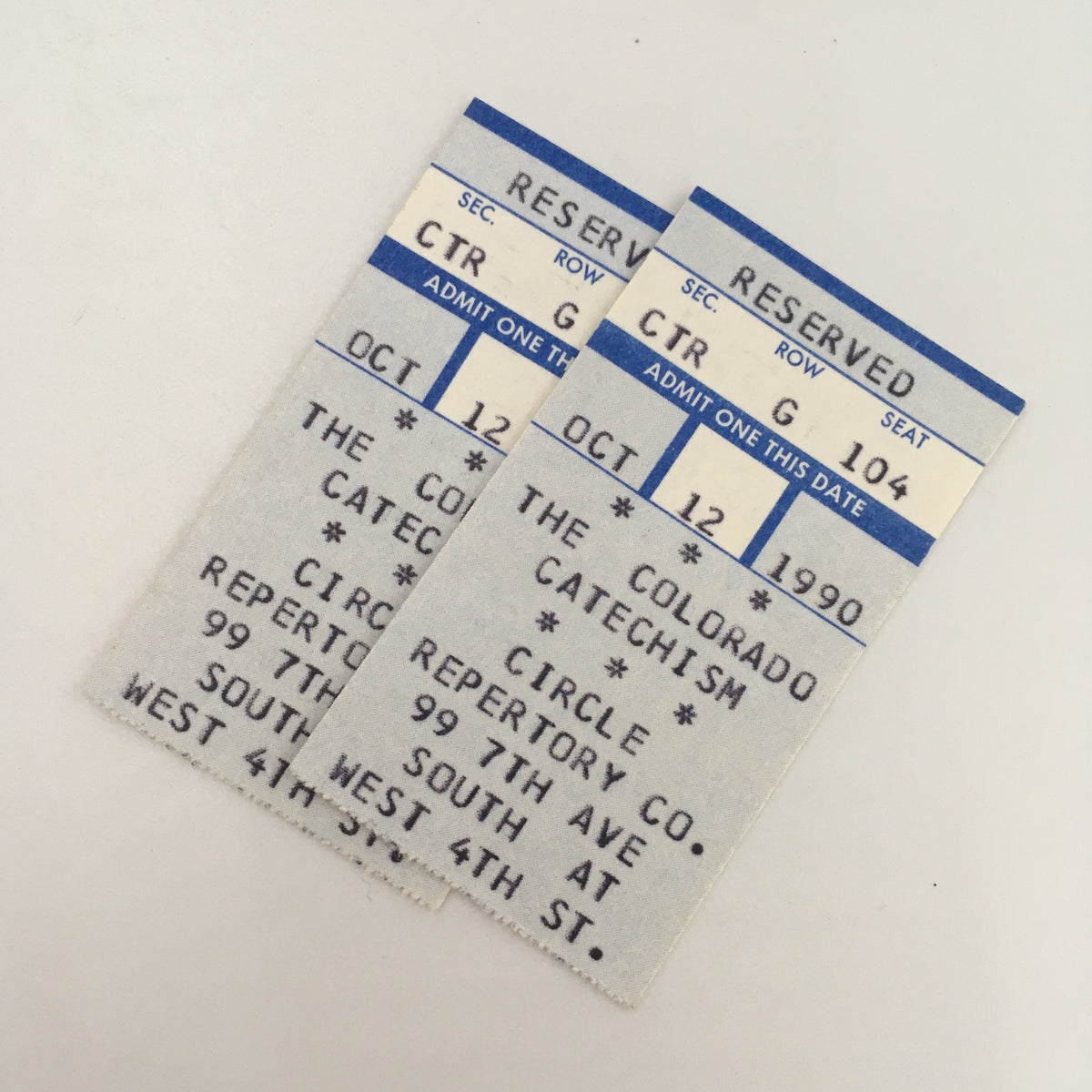 Original tickets from the 1990 performance of The Colorado Catechism at Circle Repertory Company, dated October 12, capturing a moment in theater history.