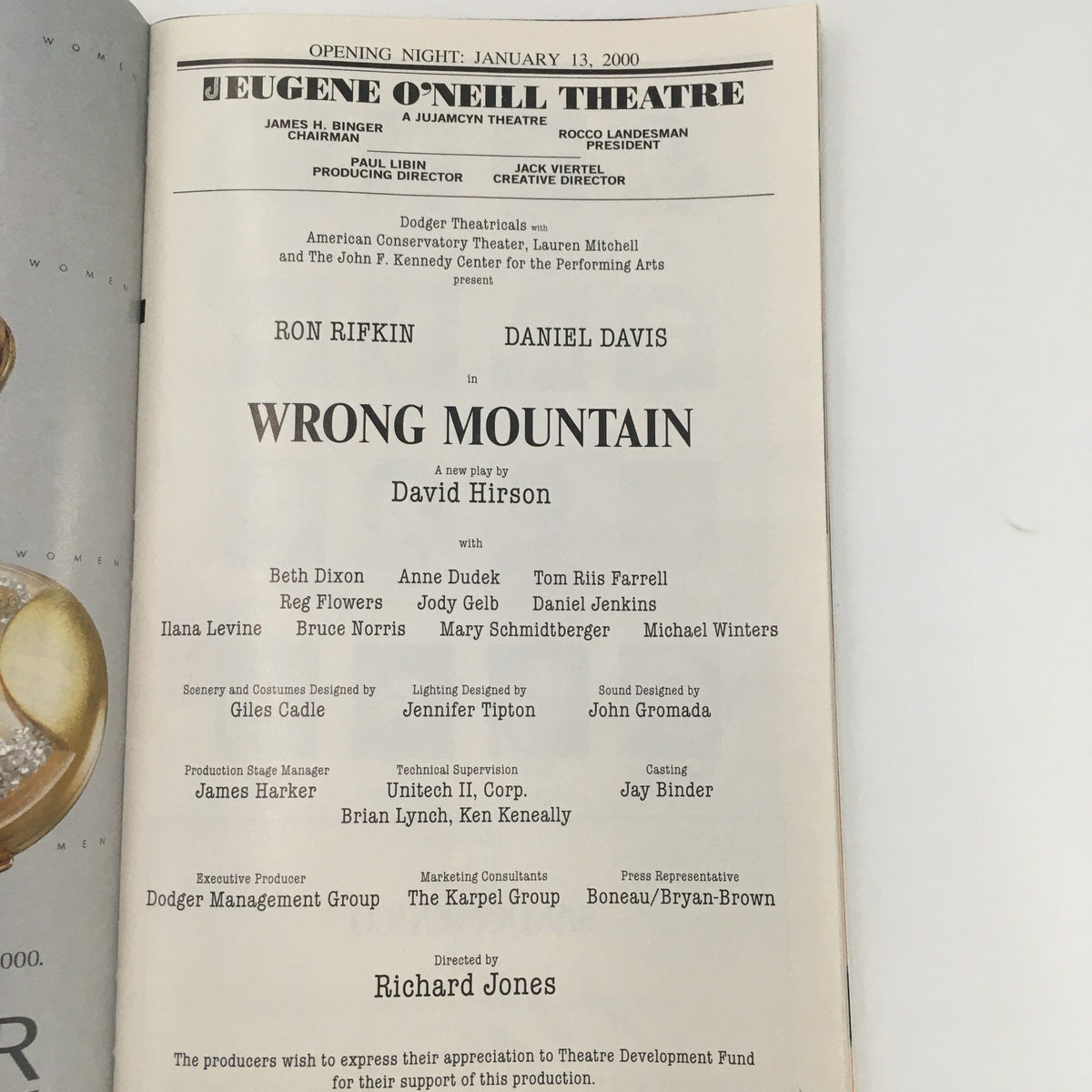 Detailed page from the Playbill 'Wrong Mountain' listing the opening cast and crew, including Ron Rifkin and Daniel Davis.