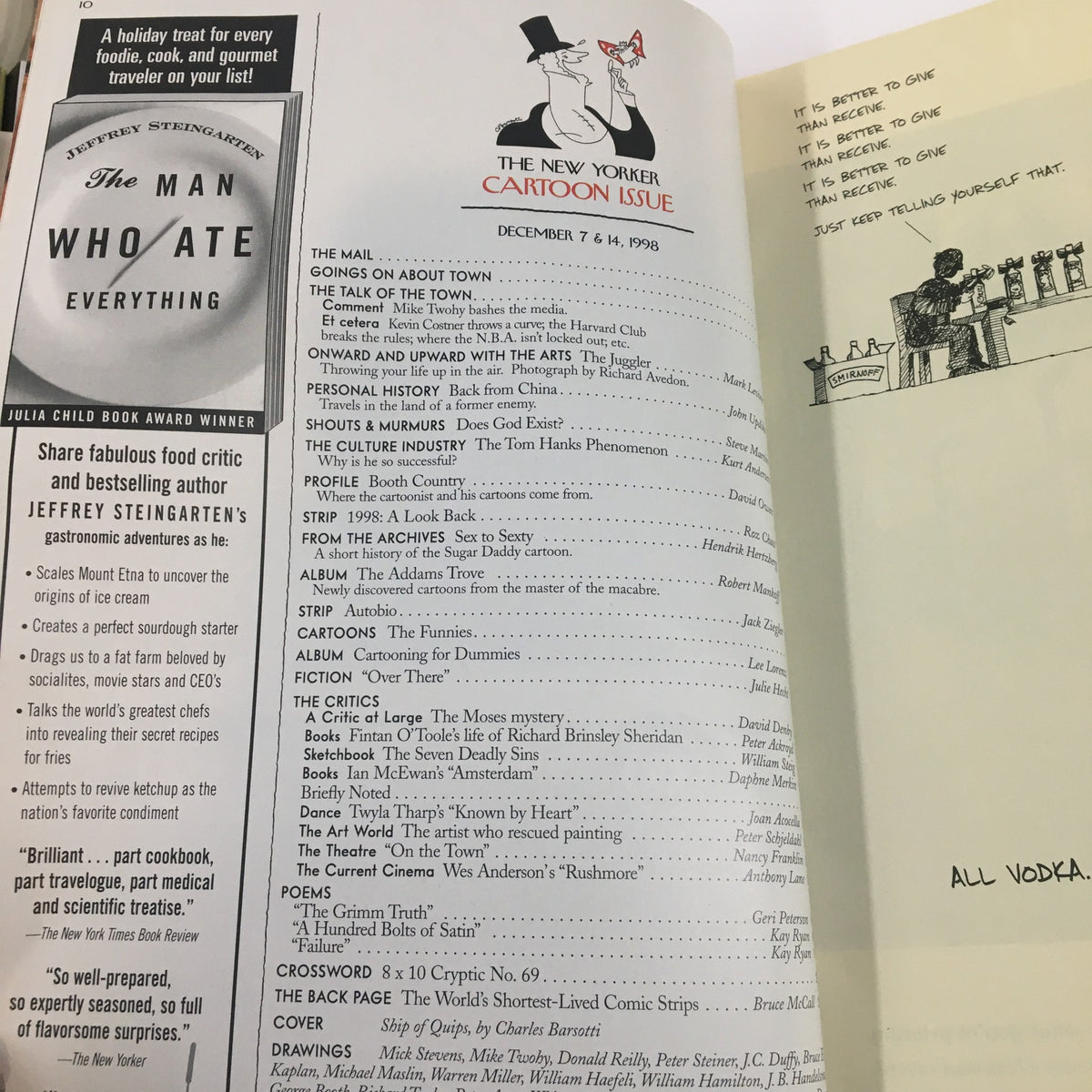 Interior page of The New Yorker Full Magazine December 7, 1998, displaying the table of contents and a humorous illustration, capturing the essence of the cartoon issue.