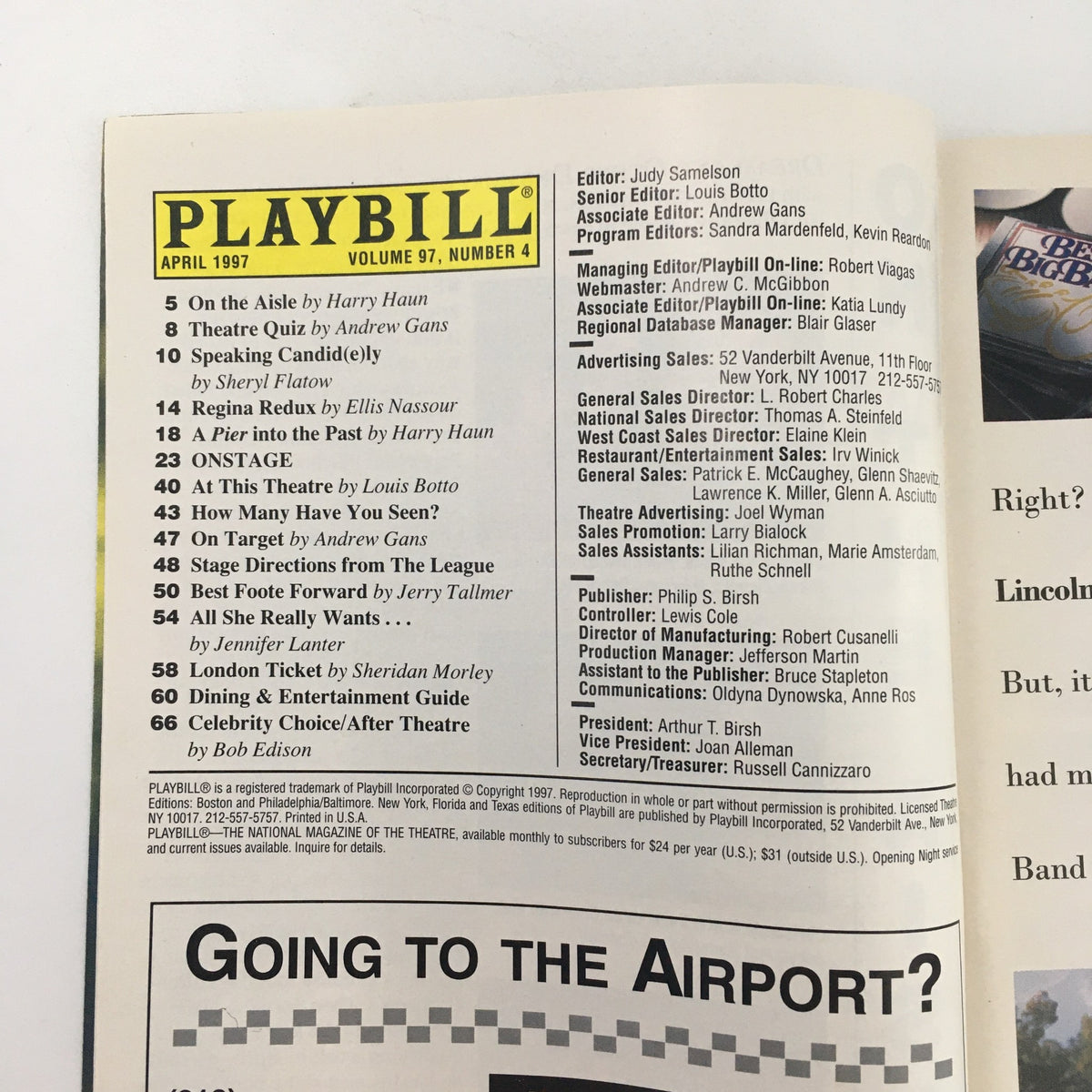 Inside page of the 1997 Playbill for 'Steel Pier' featuring cast listings and editorial credits from Richard Rodgers Theatre.