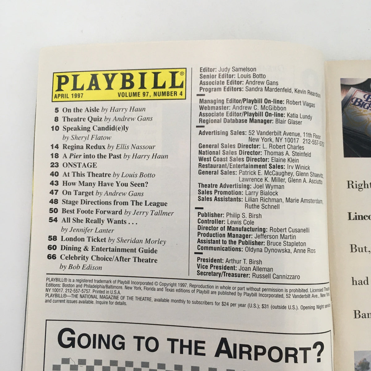 Page from the 1997 Playbill for 'An American Daughter' at Cort Theatre, featuring the listing of the cast and crew.