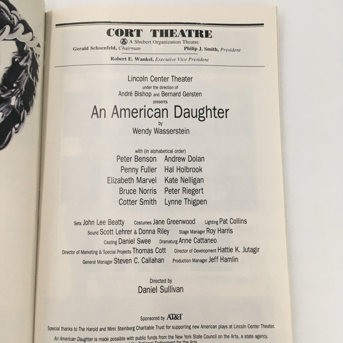 Inside page of the 1997 Playbill for 'An American Daughter' at Cort Theatre, showcasing production details and creative team information.
