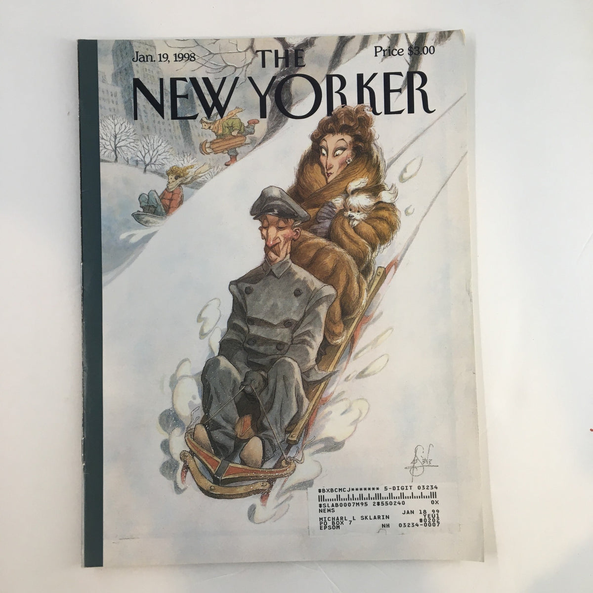 Cover of The New Yorker Full Magazine January 19, 1998 featuring the illustration 'Through the Park' by James P. De Seve, depicting characters in a snowy park setting.