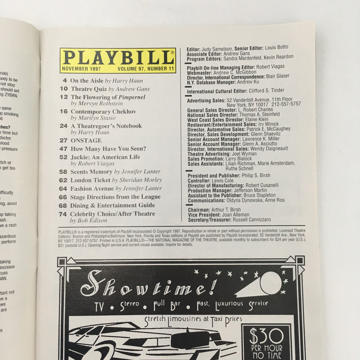 Inside view of the 1997 Playbill for 'Three Days of Rain', displaying production details and editorial information, showcasing the theatrical history of the Manhattan Theatre Club.