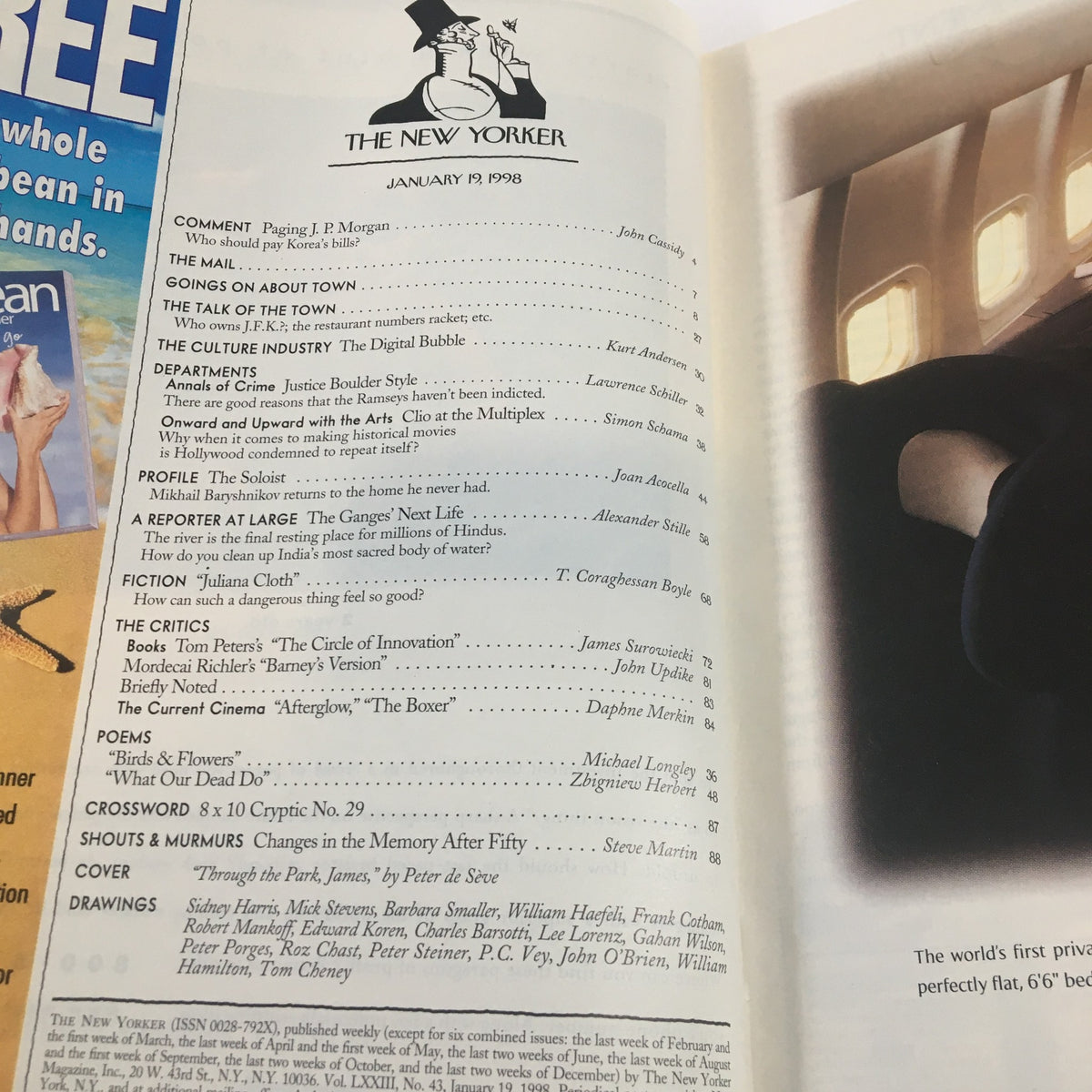 Inside page of The New Yorker Full Magazine January 19, 1998 showcasing the table of contents, highlighting articles and features in this issue.