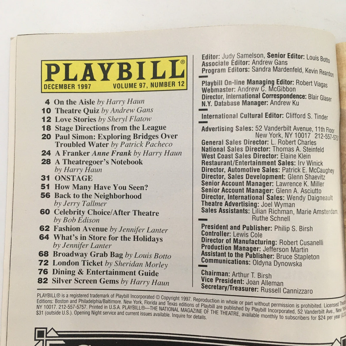 The inside page of the 1997 Playbill for 'Pride's Crossing,' featuring the contents list including articles and show credits.
