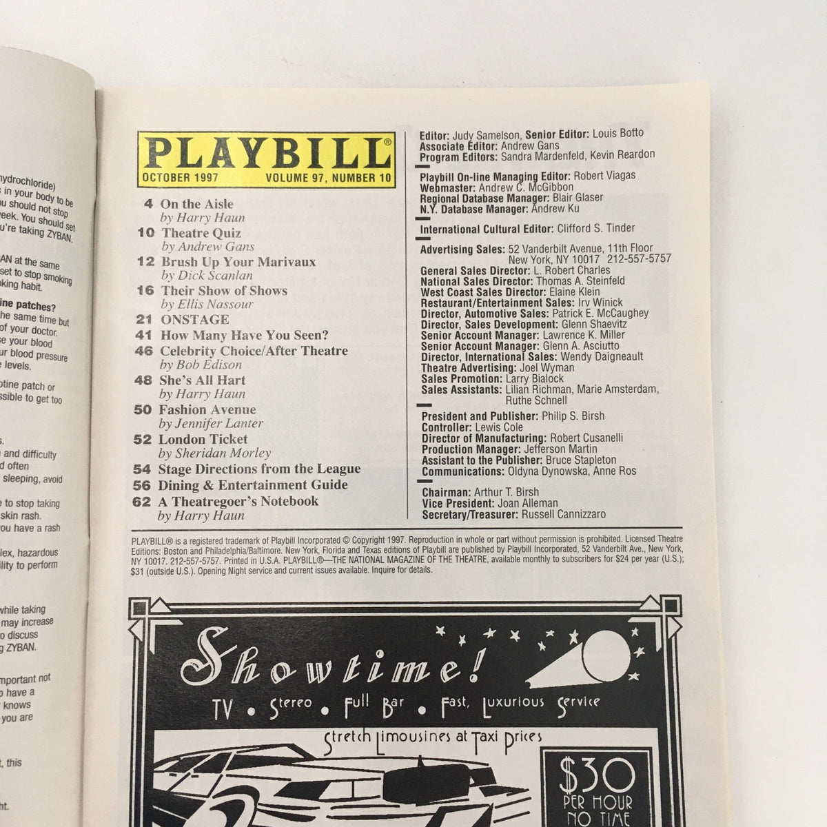 1997 Playbill Lincoln Center Theater Vivian Beaumont 'Ivanov' by Anton Chekhov displaying the inside page with details and advertisements for the October 1997 edition.