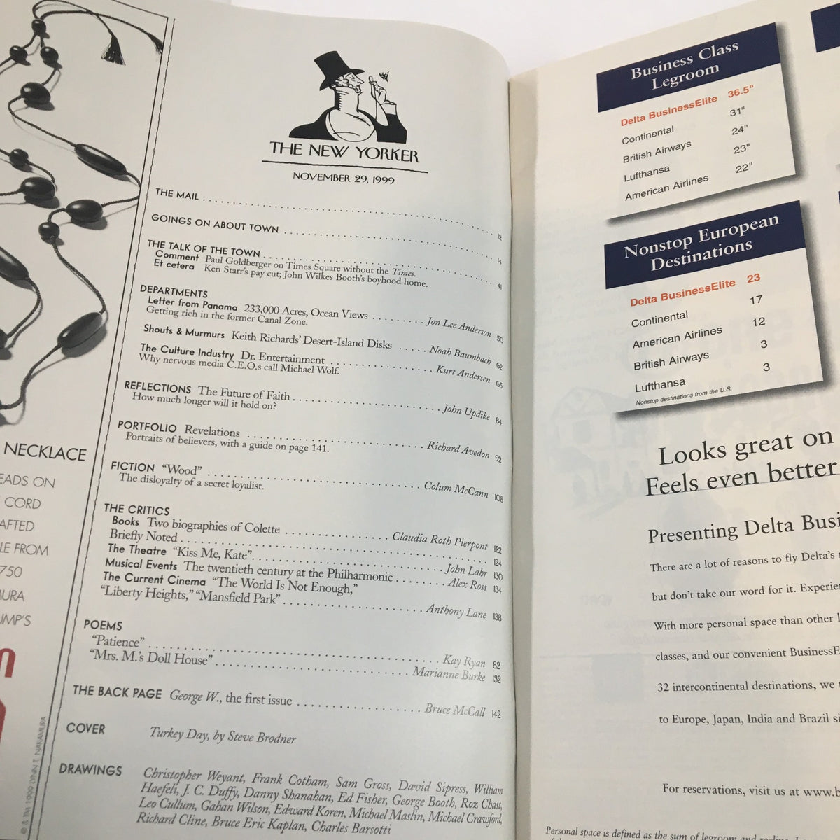 Interior page of The New Yorker magazine, November 29, 1999, showcasing the table of contents and features. The issue includes a Turkey Day cover by Steve Brodner, highlighting various articles and illustrations related to arts and culture.