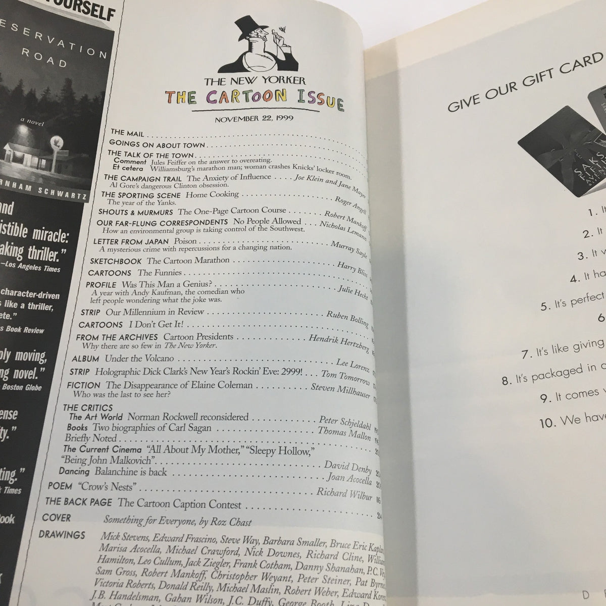 Interior page of The New Yorker Full Magazine November 22 1999, showcasing its table of contents and articles including 'Shouts & Murmurs' and 'The Cartoon Caption Contest'.