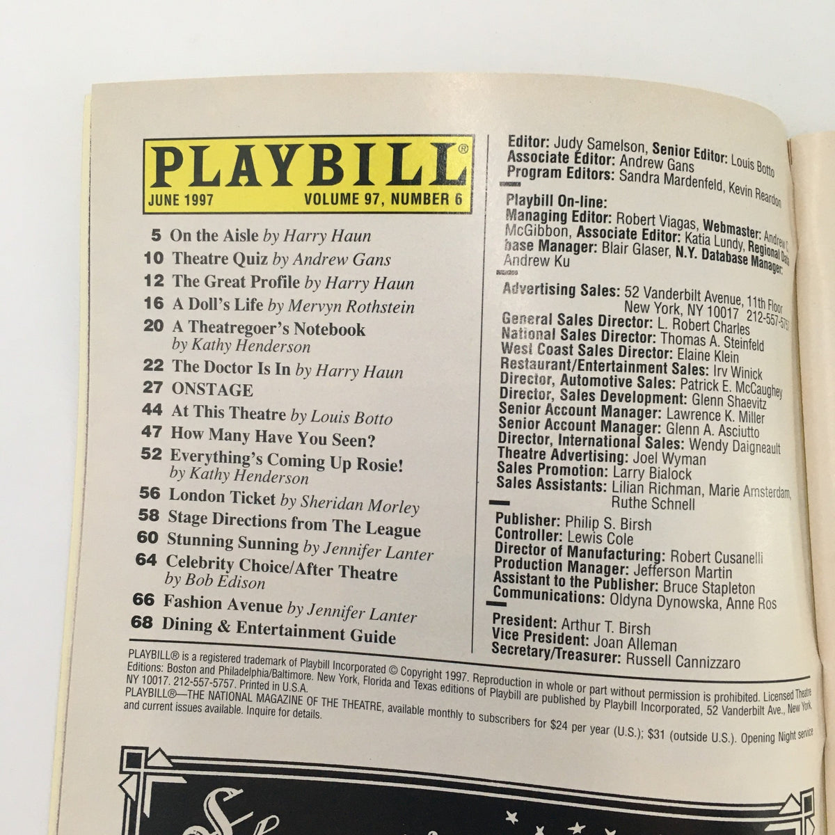 1997 Playbill 'Collected Stories' listing various performances and articles inside the theatre magazine.