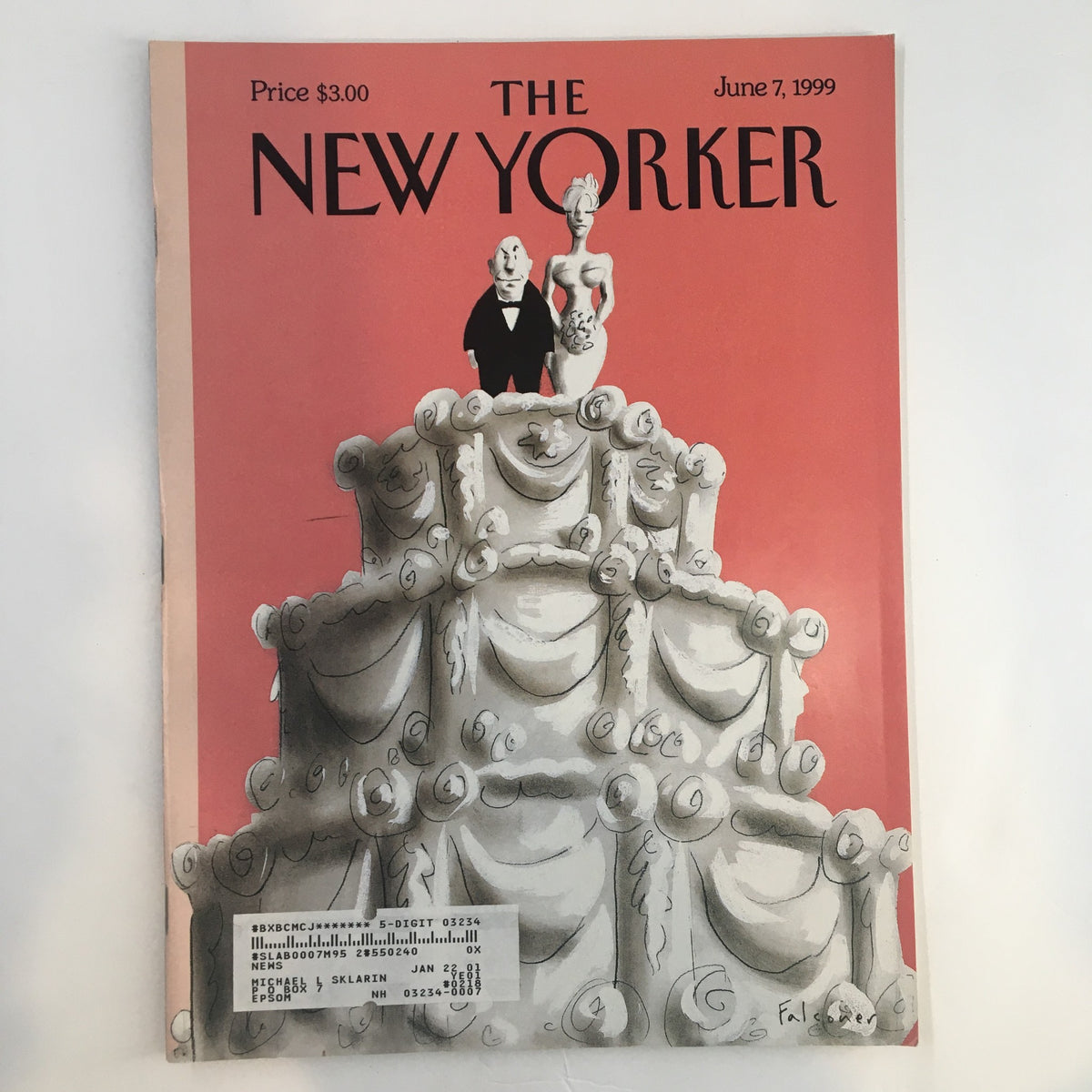 Cover of The New Yorker magazine from June 7, 1999, featuring whimsical illustration "The Icing on the Cake" by Ian Falconer, depicting a wedding cake with bride and groom figurines.